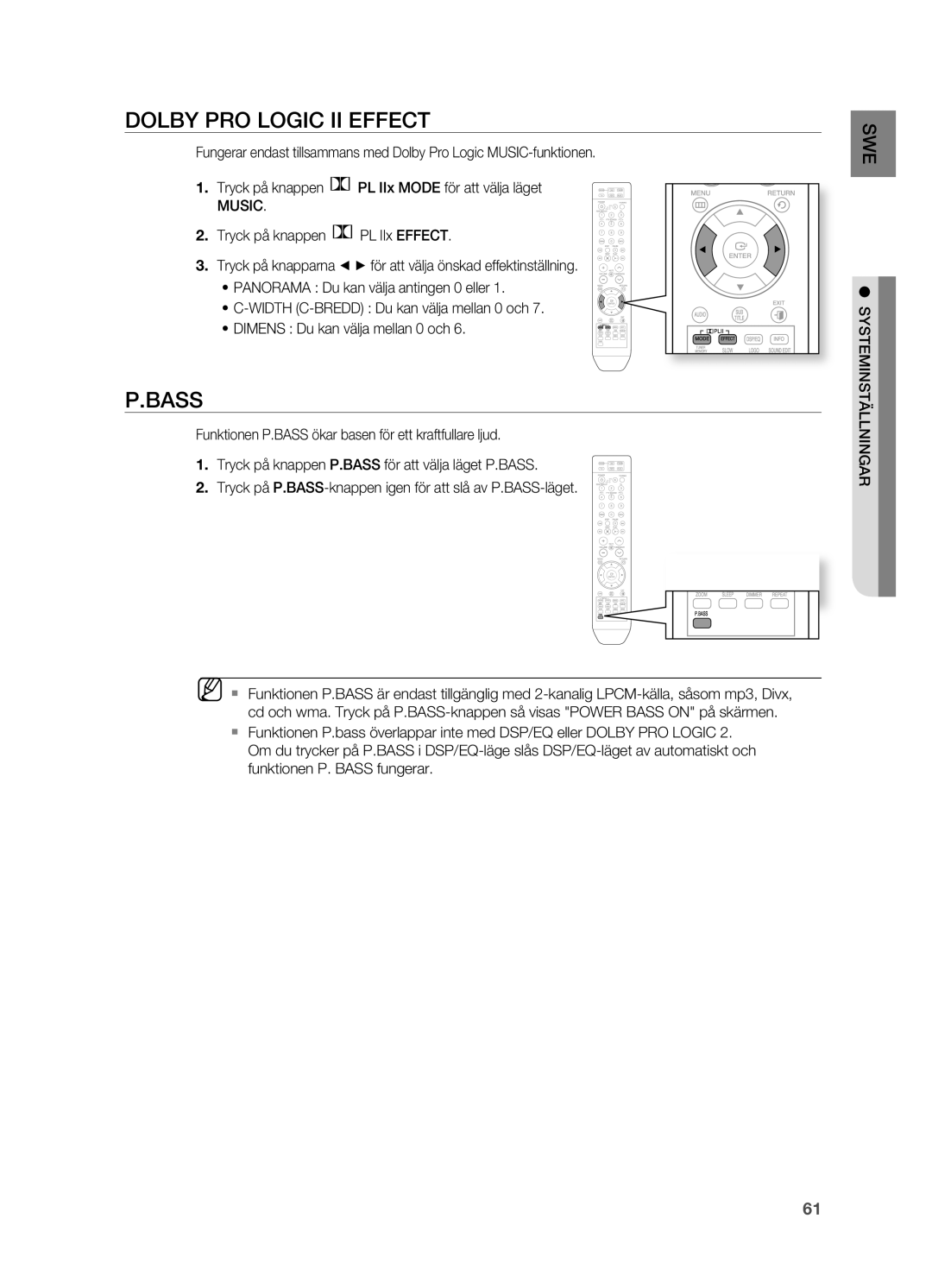 Samsung HT-TZ215R/XEE manual Dolby PRO Logic II Effect, Bass, . Tryck på knappen PL IIx Effect, SYSTEMINSTäLLNINGAR 