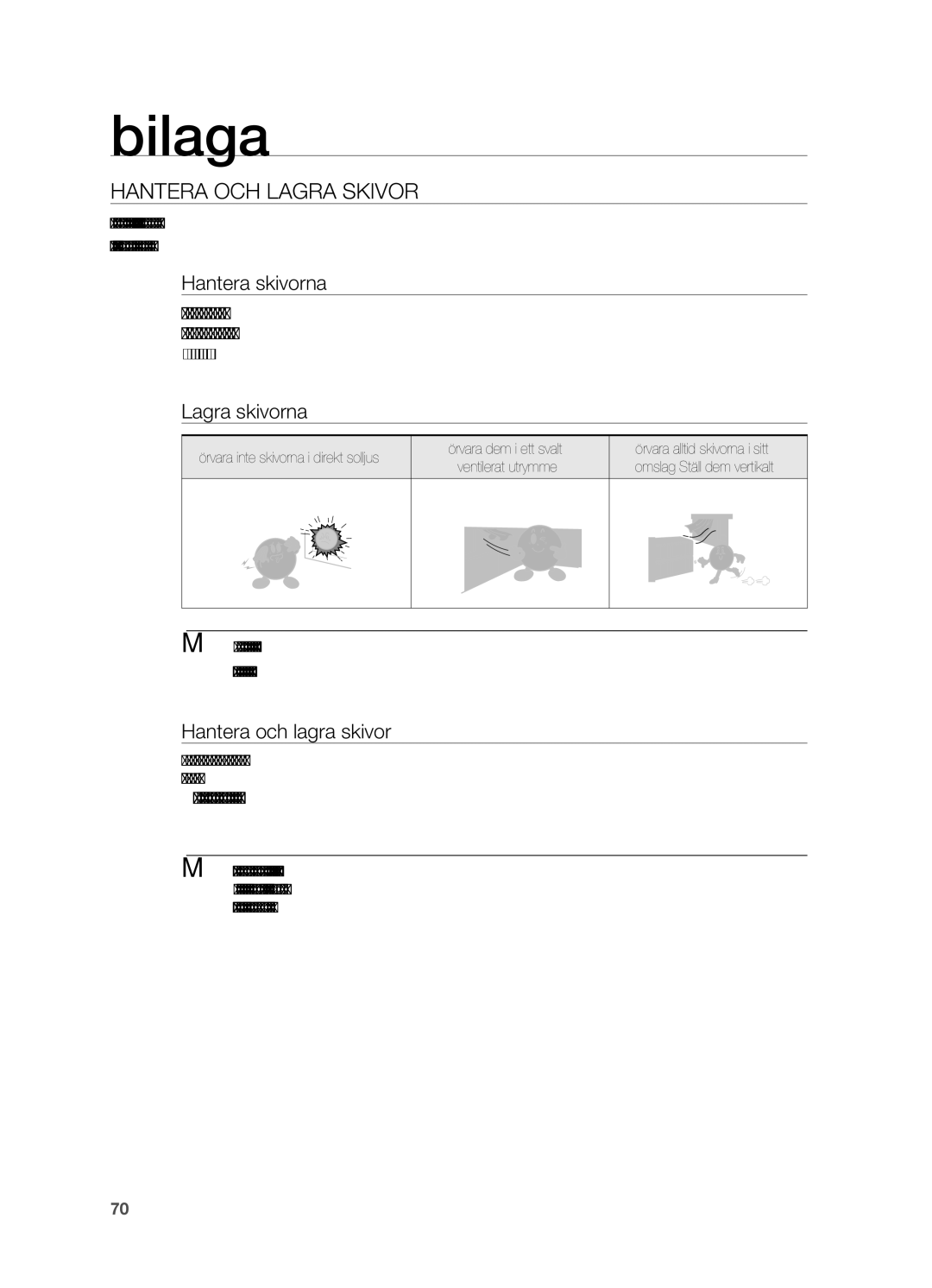 Samsung HT-TZ212R/XEE, HT-TZ315R/XEE, HT-TZ215R/XEE manual Bilaga, Hantera och lagra skivor, Hantera skivorna, Lagra skivorna 