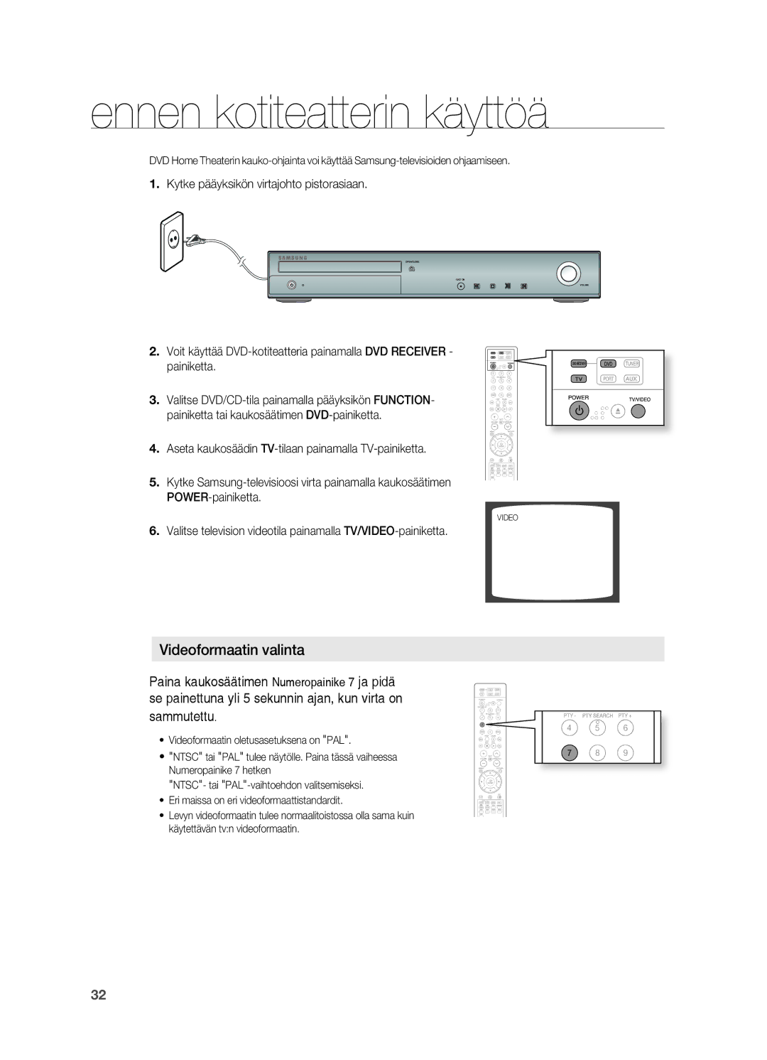 Samsung HT-Z210R/XEE, HT-TZ315R/XEE, HT-TZ212R/XEE, HT-TZ215R/XEE manual Ennen kotiteatterin käyttöä, Videoformaatin valinta 