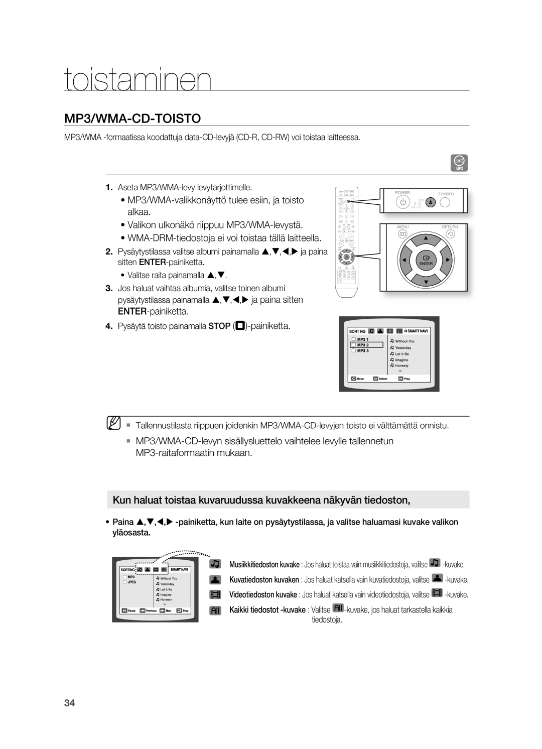 Samsung HT-TZ315R/XEE, HT-TZ212R/XEE, HT-TZ215R/XEE, HT-Z210R/XEE, HT-Z310R/XEE manual MP3/WMA-CD-TOISTO, ENTER-painiketta 