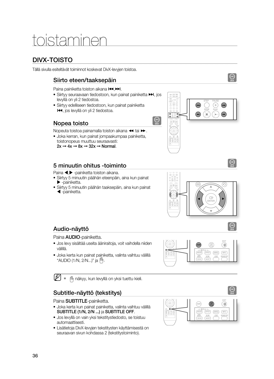 Samsung HT-TZ215R/XEE, HT-TZ315R/XEE, HT-TZ212R/XEE, HT-Z210R/XEE, HT-Z310R/XEE manual Divx-Toisto 