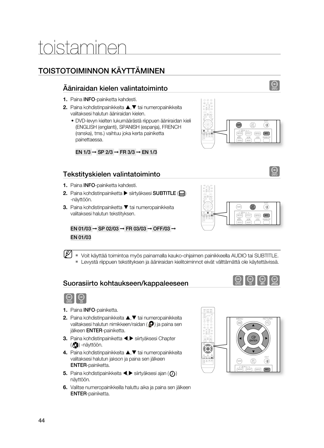 Samsung HT-TZ315R/XEE, HT-TZ212R/XEE, HT-TZ215R/XEE manual Ääniraidan kielen valintatoiminto, Tekstityskielen valintatoiminto 