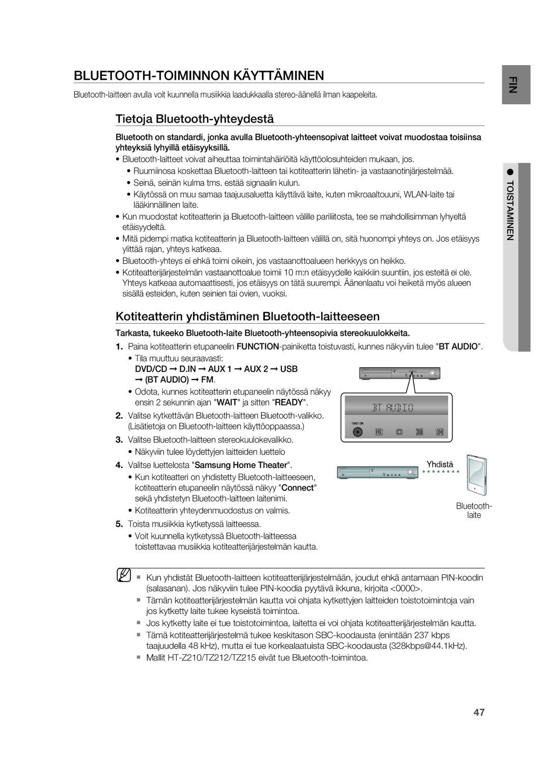 Samsung HT-Z210R/XEE, HT-TZ315R/XEE, HT-TZ212R/XEE manual BLUETOOTH-TOIMINNON Käyttäminen, Tietoja Bluetooth-yhteydestä 