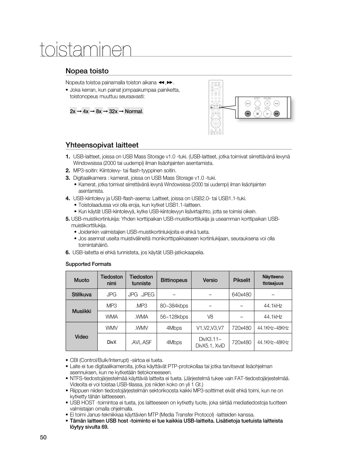 Samsung HT-TZ212R/XEE, HT-TZ315R/XEE, HT-TZ215R/XEE manual Yhteensopivat laitteet, Nopeuta toistoa painamalla toiston aikana 