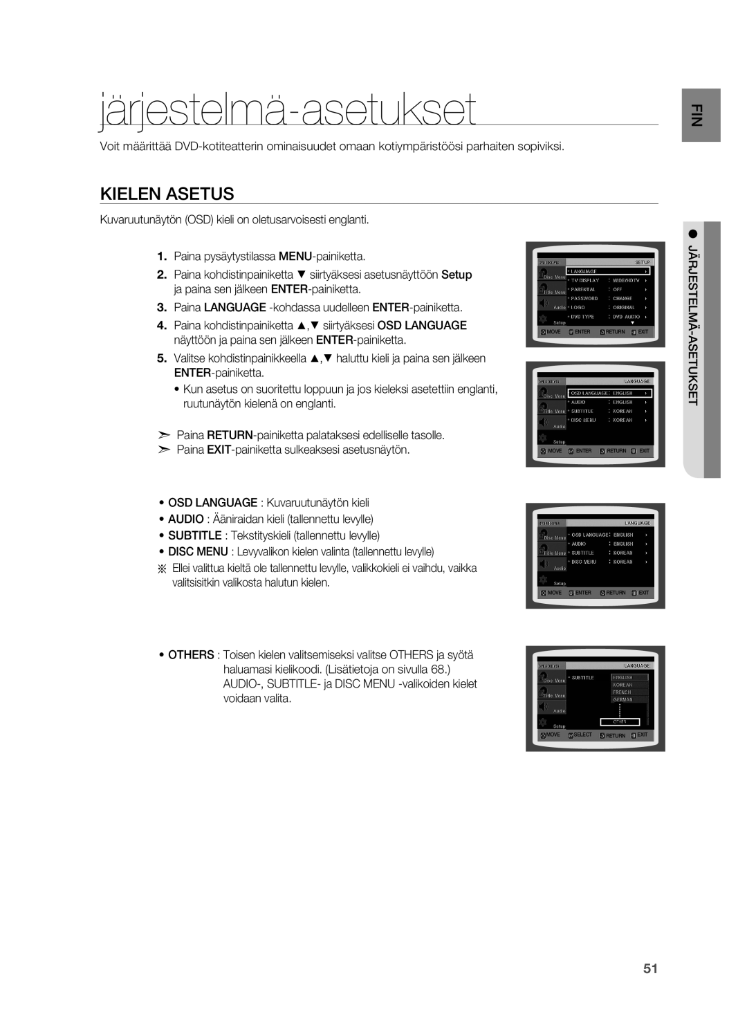 Samsung HT-TZ215R/XEE manual Järjestelmä-asetukset, Kielen asetus, . Paina Language -kohdassa uudelleen ENTER-painiketta 