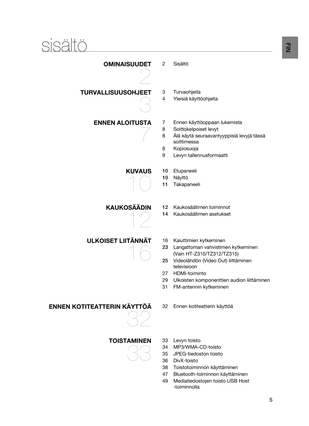 Samsung HT-TZ212R/XEE, HT-TZ315R/XEE, HT-TZ215R/XEE, HT-Z210R/XEE, HT-Z310R/XEE manual Sisältö 