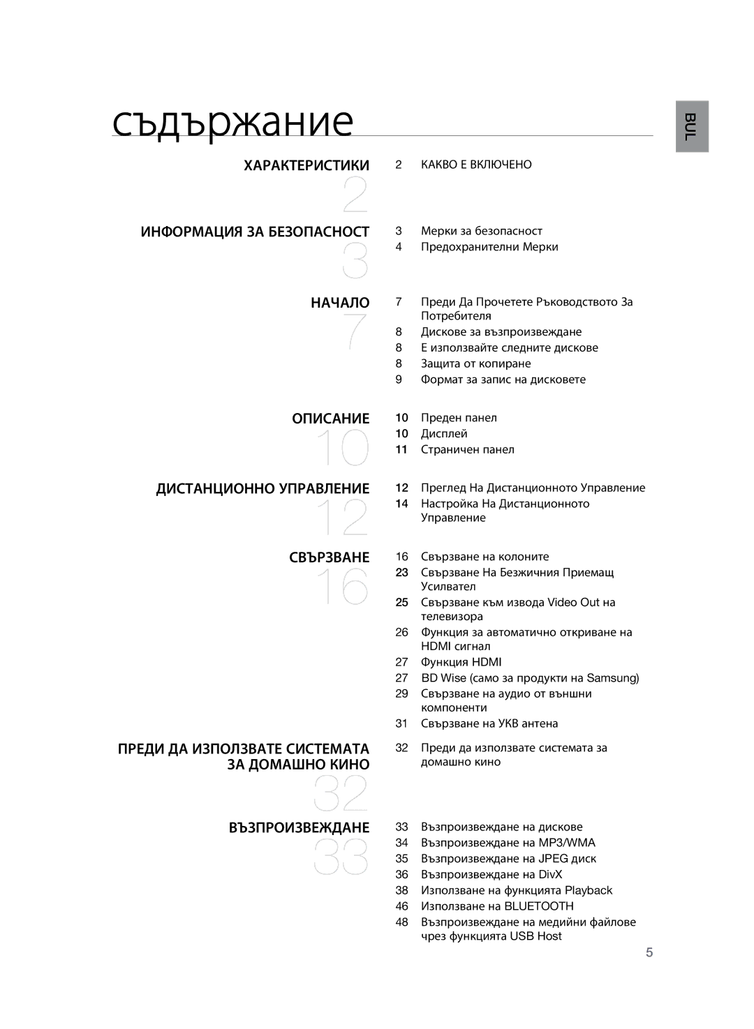 Samsung HT-TZ325R/XEE, HT-TZ325R/EDC manual Съдържание, Характеристики, Информация за безопасност, Начало, Какво Е Включено 