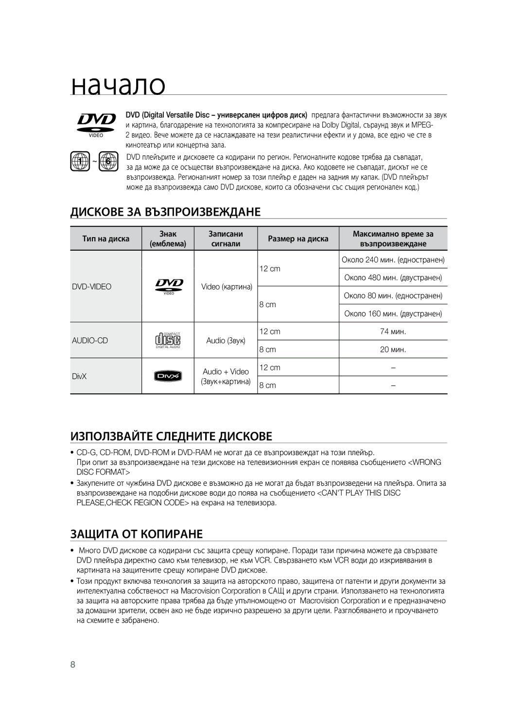 Samsung HT-TZ325R/XEE Дискове за възпроизвеждане, Използвайте следните дискове, Защита от копиране, Dvd-Video, Audio-Cd 