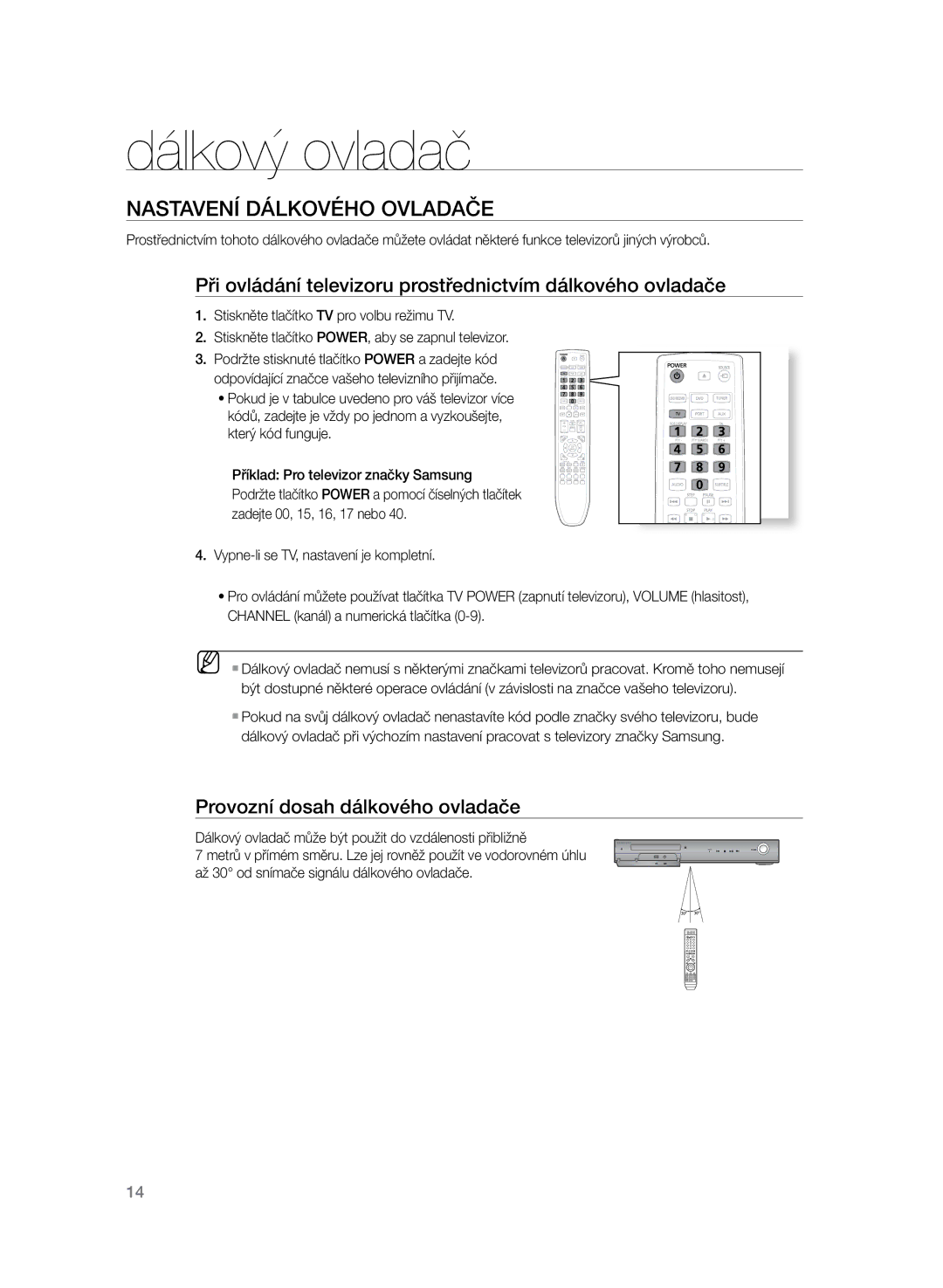 Samsung HT-TZ325R/EDC, HT-Z320R/EDC manual Dálkový ovladač, Nastavení dálkového ovladače, Provozní dosah dálkového ovladače 