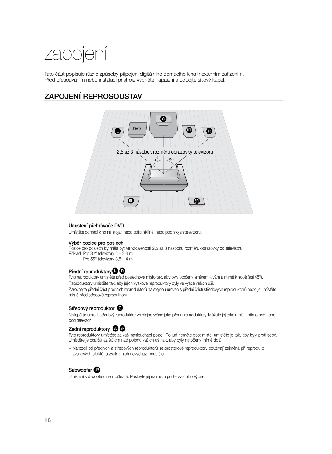 Samsung HT-TZ325R/EDC, HT-Z320R/EDC manual Zapojení reprosoustav, Až 3 násobek rozměru obrazovky televizoru 