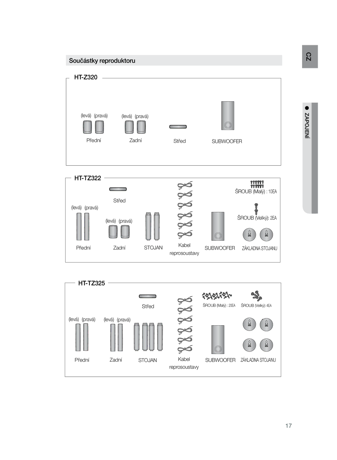 Samsung HT-Z320R/EDC, HT-TZ325R/EDC manual Součástky reproduktoru HT-Z320, HT-TZ322, Stojan, Subwoofer 