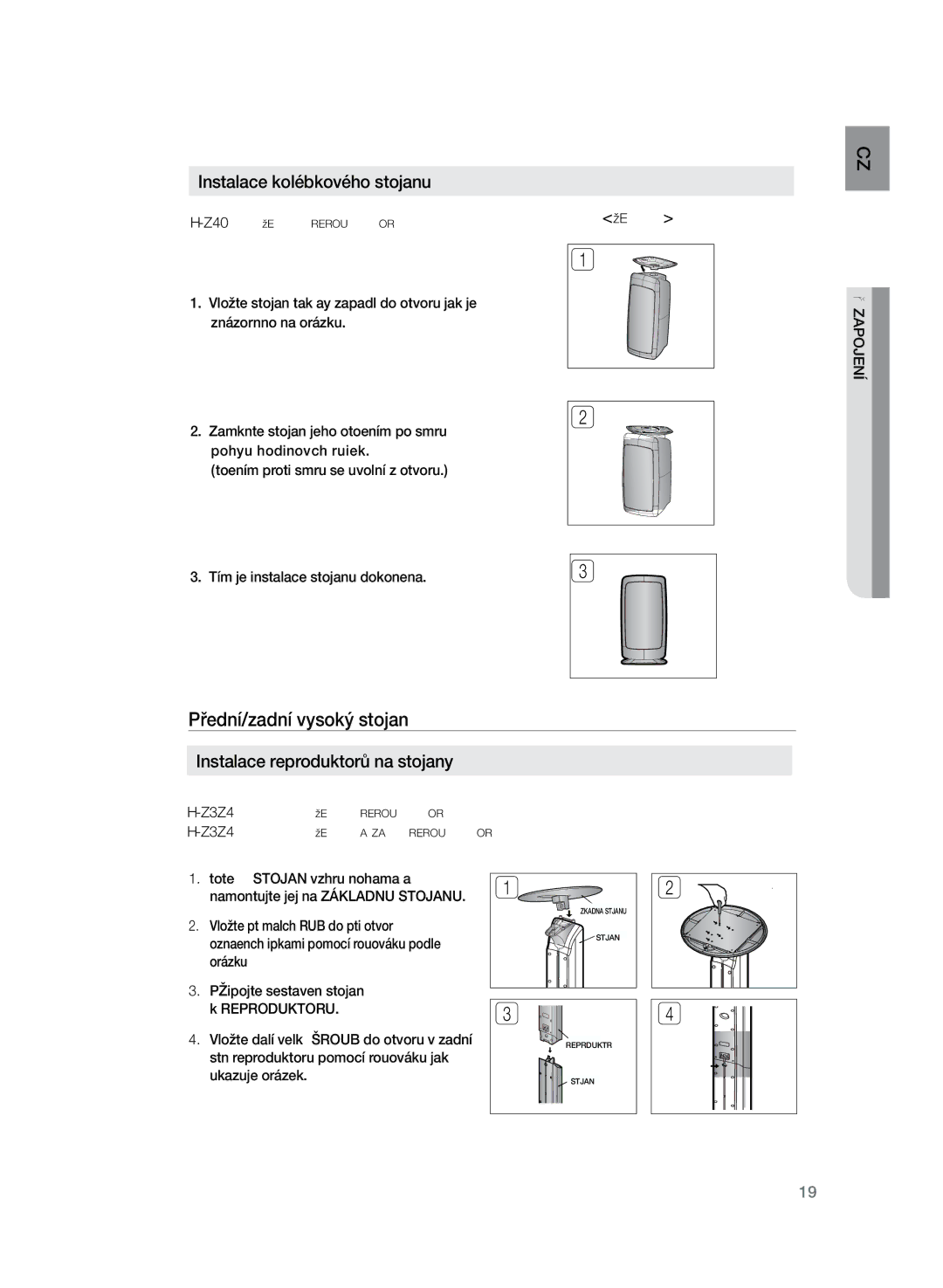 Samsung HT-Z320R/EDC manual Přední/zadní vysoký stojan, Instalace kolébkového stojanu, Instalace reproduktorů na stojany 