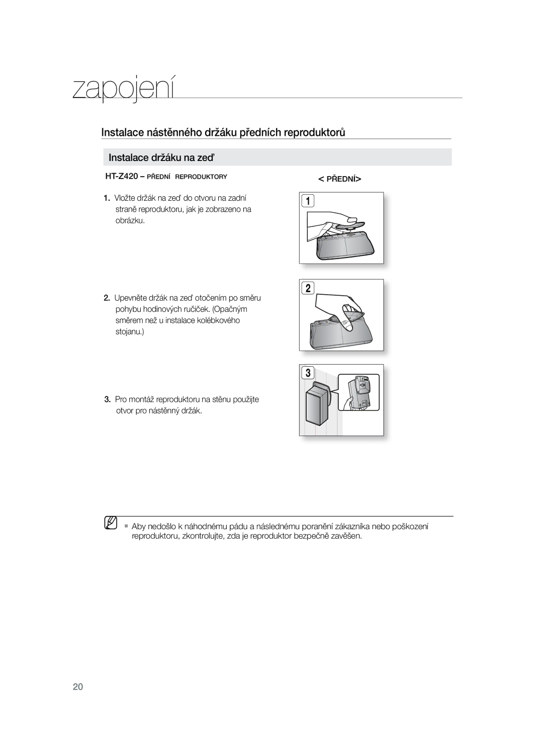 Samsung HT-TZ325R/EDC, HT-Z320R/EDC manual Instalace nástěnného držáku předních reproduktorů, Instalace držáku na zeď 