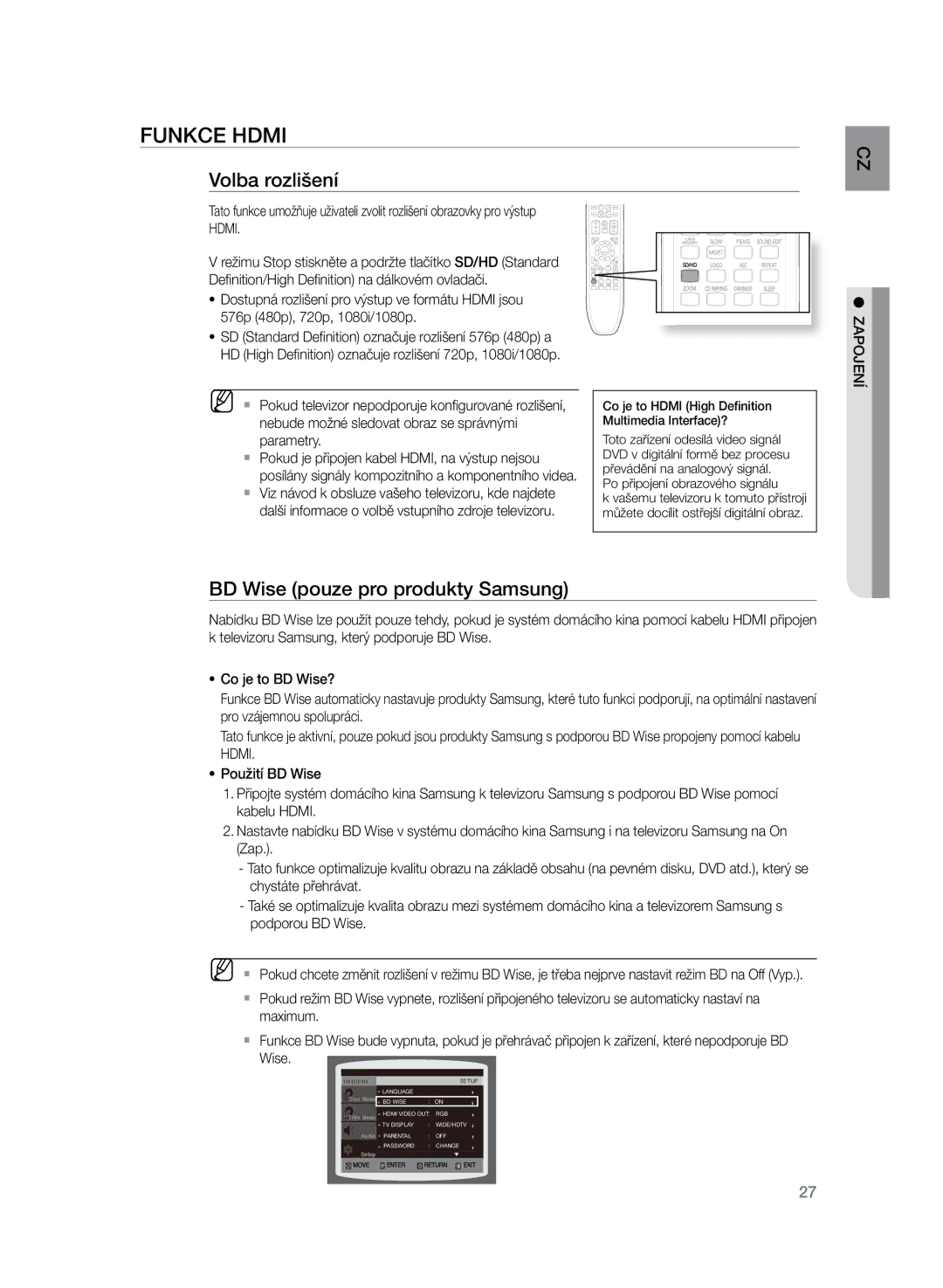 Samsung HT-Z320R/EDC, HT-TZ325R/EDC manual Funkce Hdmi, Volba rozlišení, BD Wise pouze pro produkty Samsung 