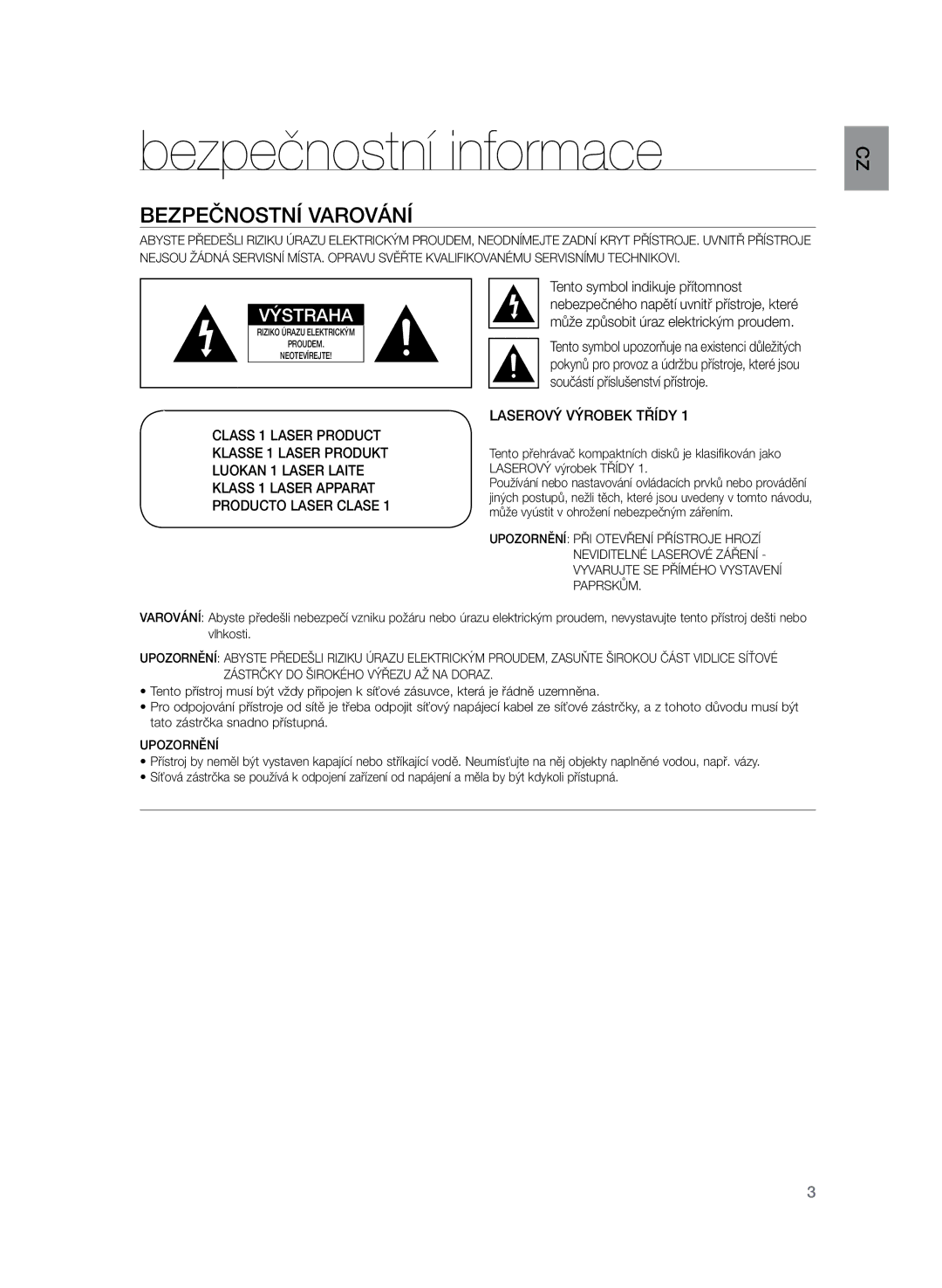 Samsung HT-Z320R/EDC, HT-TZ325R/EDC manual Bezpečnostní informace, Bezpečnostní varování, Laserový Výrobek Třídy 