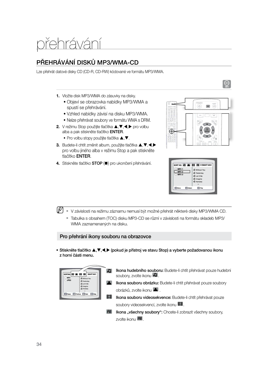 Samsung HT-TZ325R/EDC, HT-Z320R/EDC manual Přehrávání disků MP3/WMA-CD, Pro přehrání ikony souboru na obrazovce 