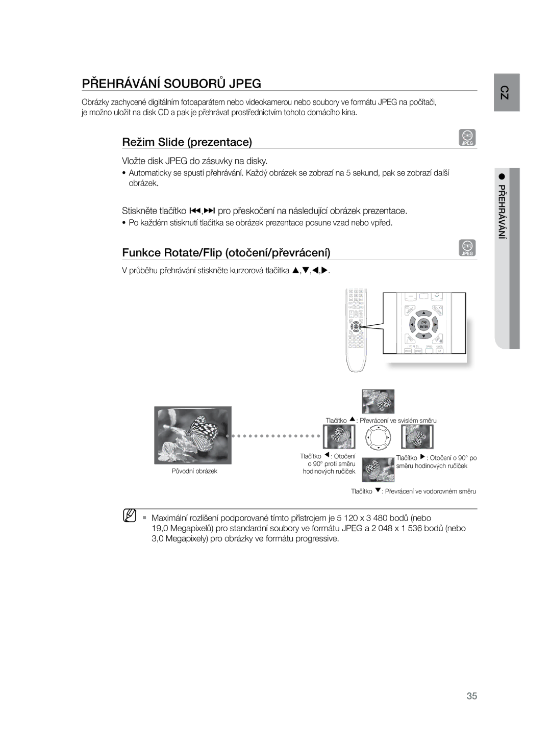 Samsung HT-Z320R/EDC, HT-TZ325R/EDC Přehrávání souborů Jpeg, Režim Slide prezentace, Funkce Rotate/Flip otočení/převrácení 