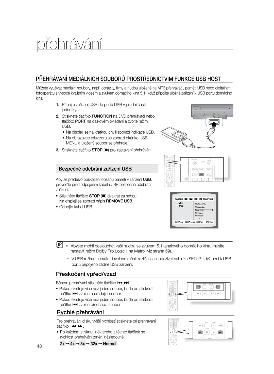 Samsung HT-TZ325R/EDC, HT-Z320R/EDC manual Přeskočení vpřed/vzad, Rychlé přehrávání, Bezpečné odebrání zařízení USB 