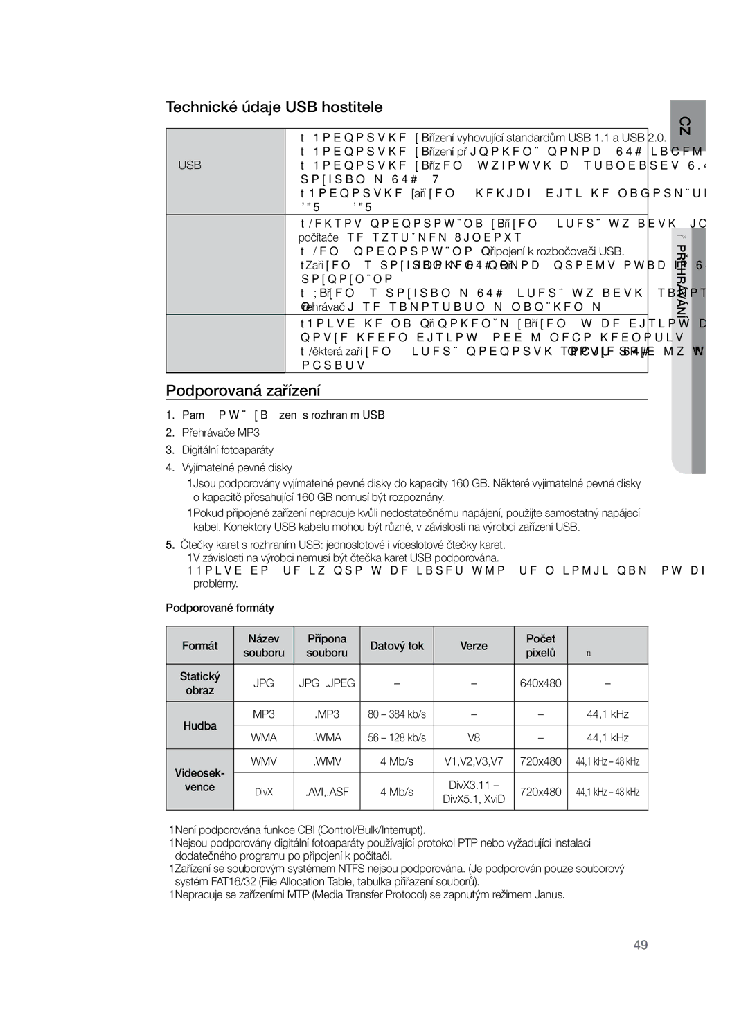 Samsung HT-Z320R/EDC, HT-TZ325R/EDC manual Technické údaje USB hostitele, Podporovaná zařízení 