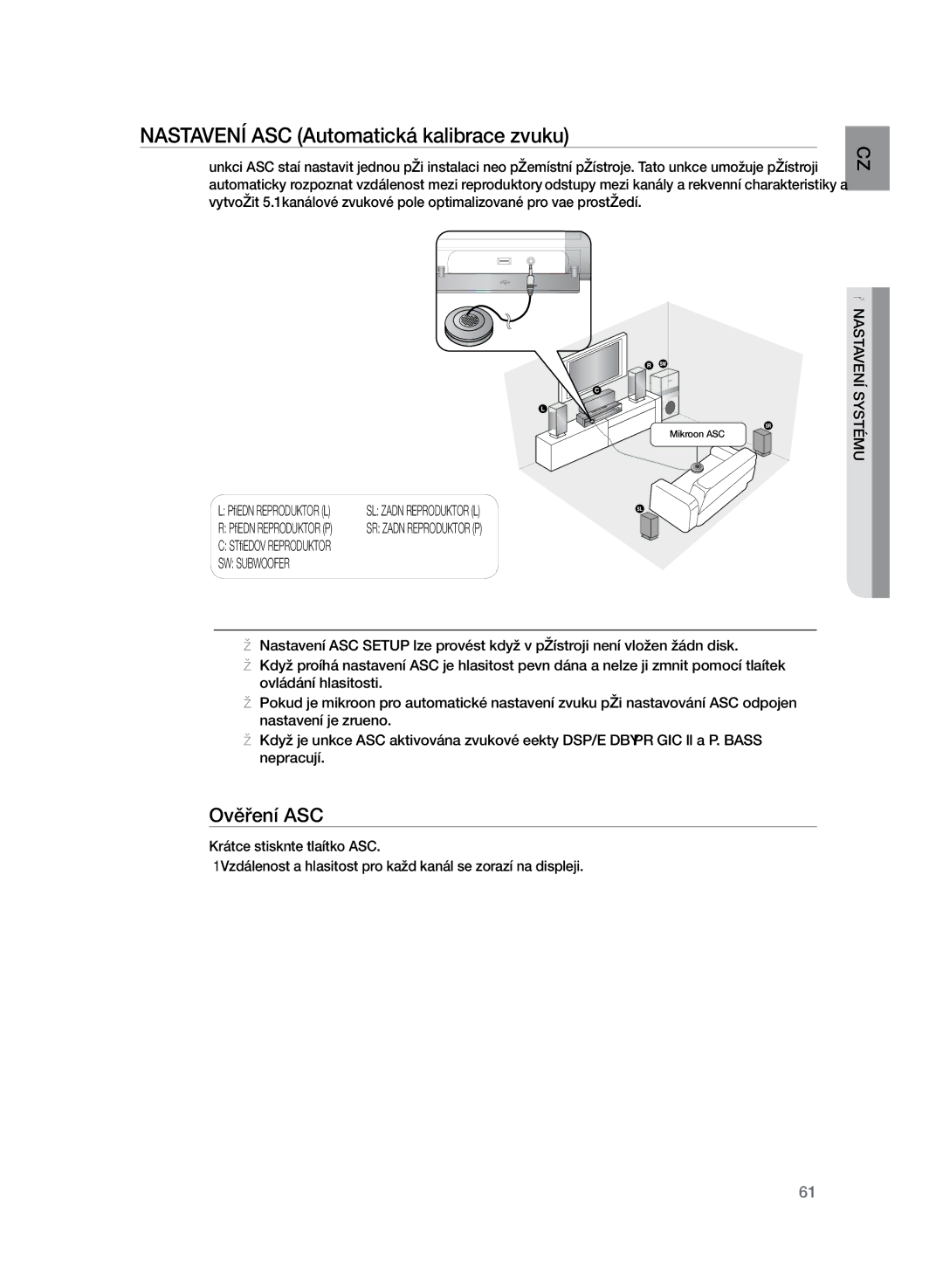 Samsung HT-Z320R/EDC, HT-TZ325R/EDC manual Nastavení ASC Automatická kalibrace zvuku, Ověření ASC 