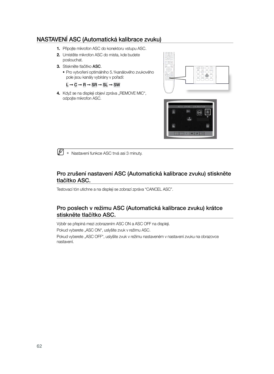 Samsung HT-TZ325R/EDC, HT-Z320R/EDC manual Nastavení ASC Automatická kalibrace zvuku 