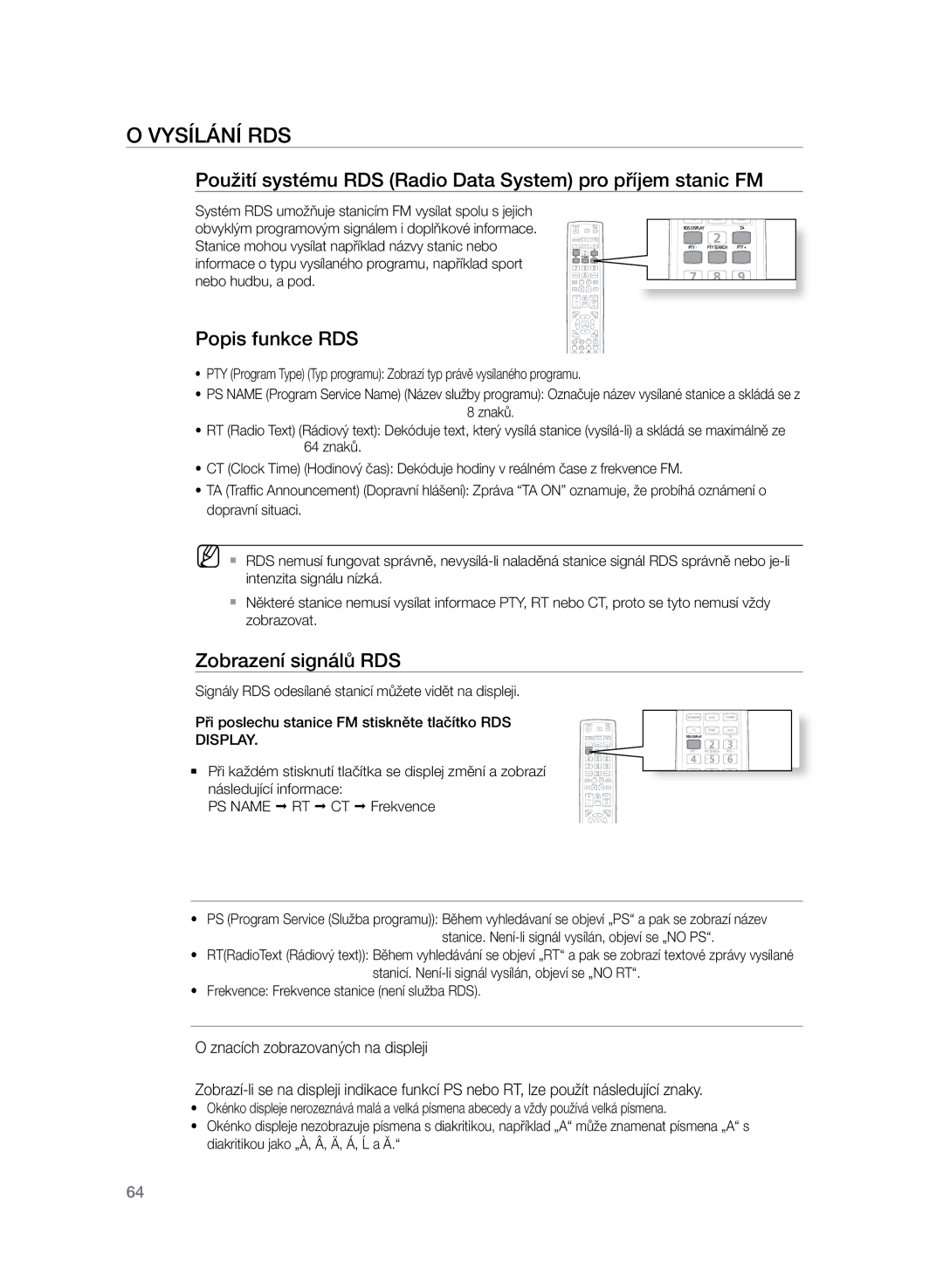 Samsung HT-TZ325R/EDC Vysílání RDS, Použití systému RDS Radio Data System pro příjem stanic FM, Popis funkce RDS, Display 