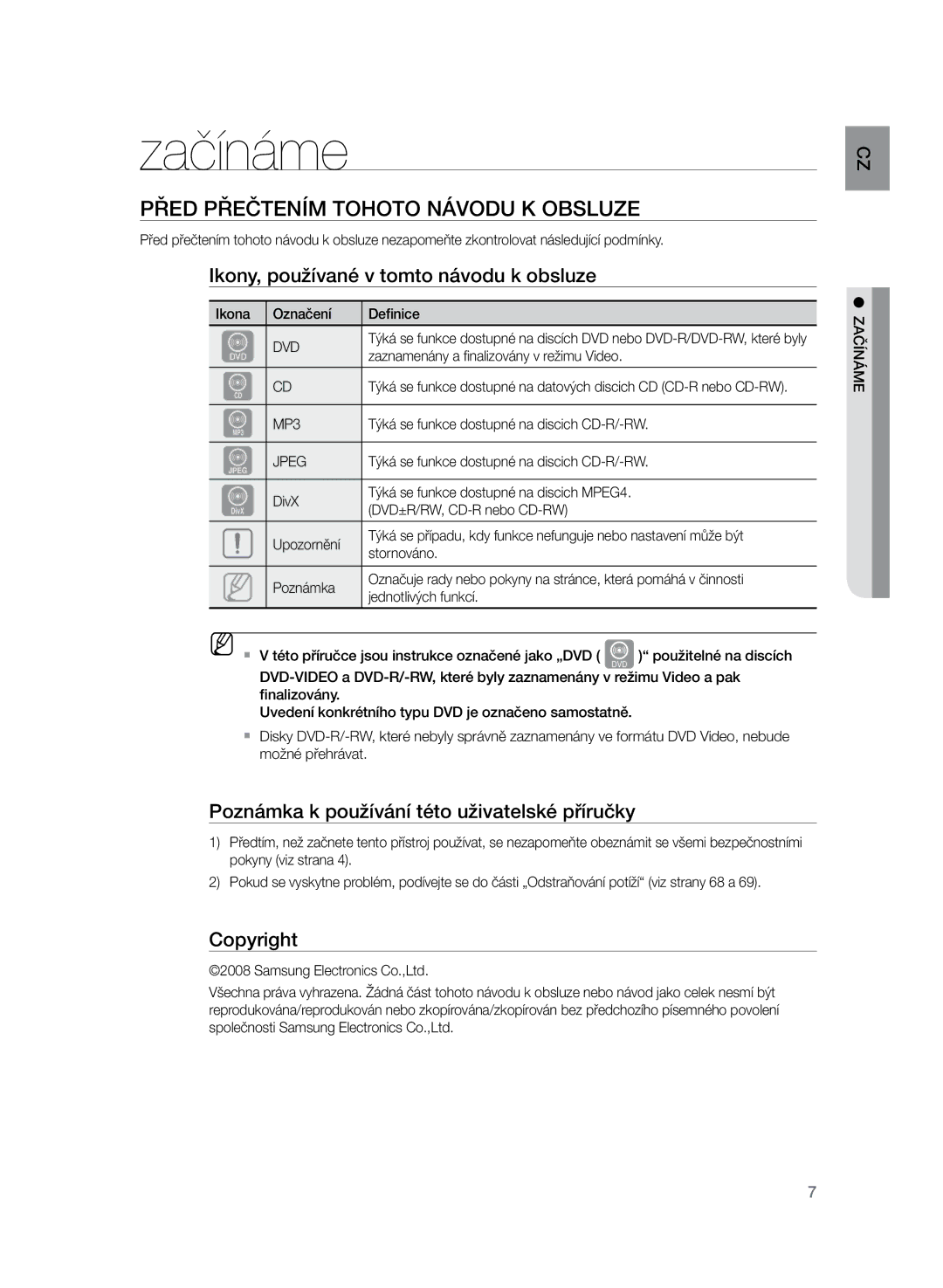 Samsung HT-Z320R/EDC manual Začínáme, Před přečtením tohoto návodu k obsluze, Ikony, používané v tomto návodu k obsluze 