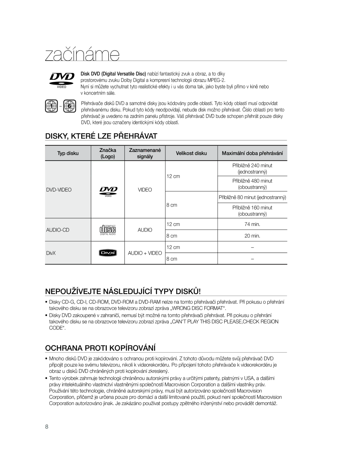 Samsung HT-TZ325R/EDC Disky, které LZE přehrávat, Nepoužívejte následující typy disků, Ochrana proti kopírování, Dvd-Video 