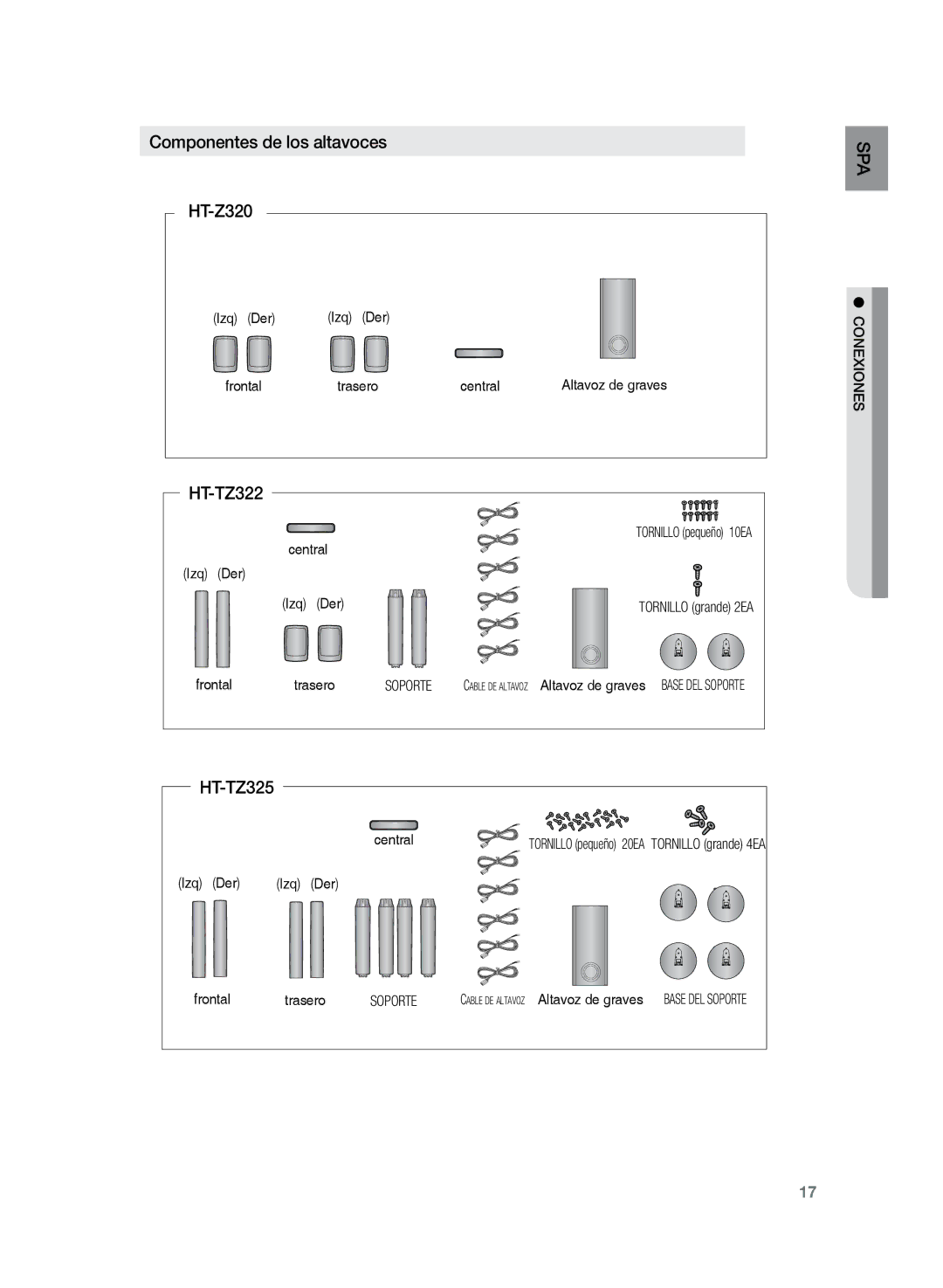 Samsung HT-TZ325R/XET, HT-TZ325R/EDC, HT-Z320R/XET manual Componentes de los altavoces HT-Z320, HT-TZ322, Soporte, Conexiones 