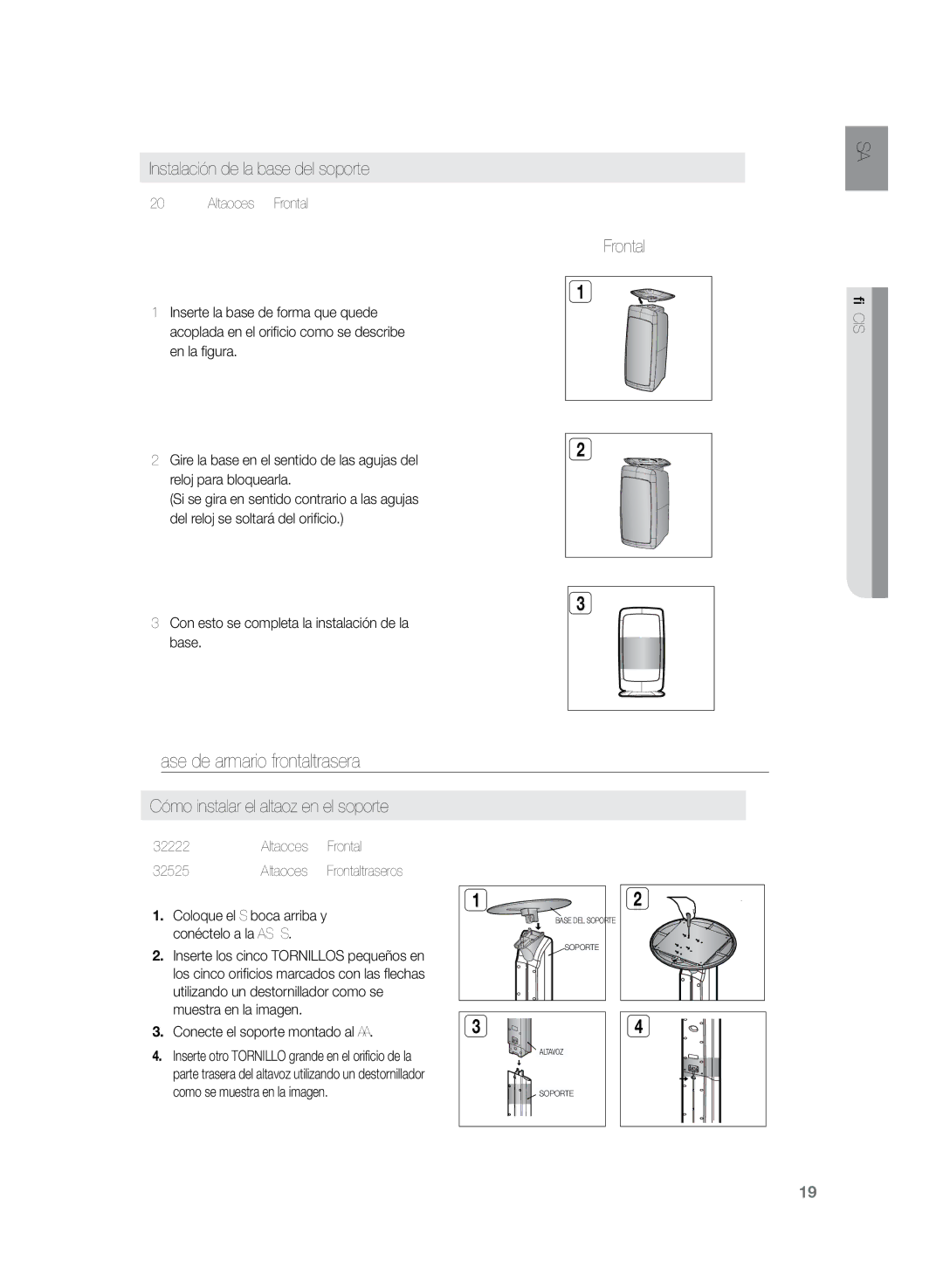 Samsung HT-Z320R/XET, HT-TZ325R/EDC manual Base de armario frontal/trasera, Instalación de la base del soporte, Frontal 