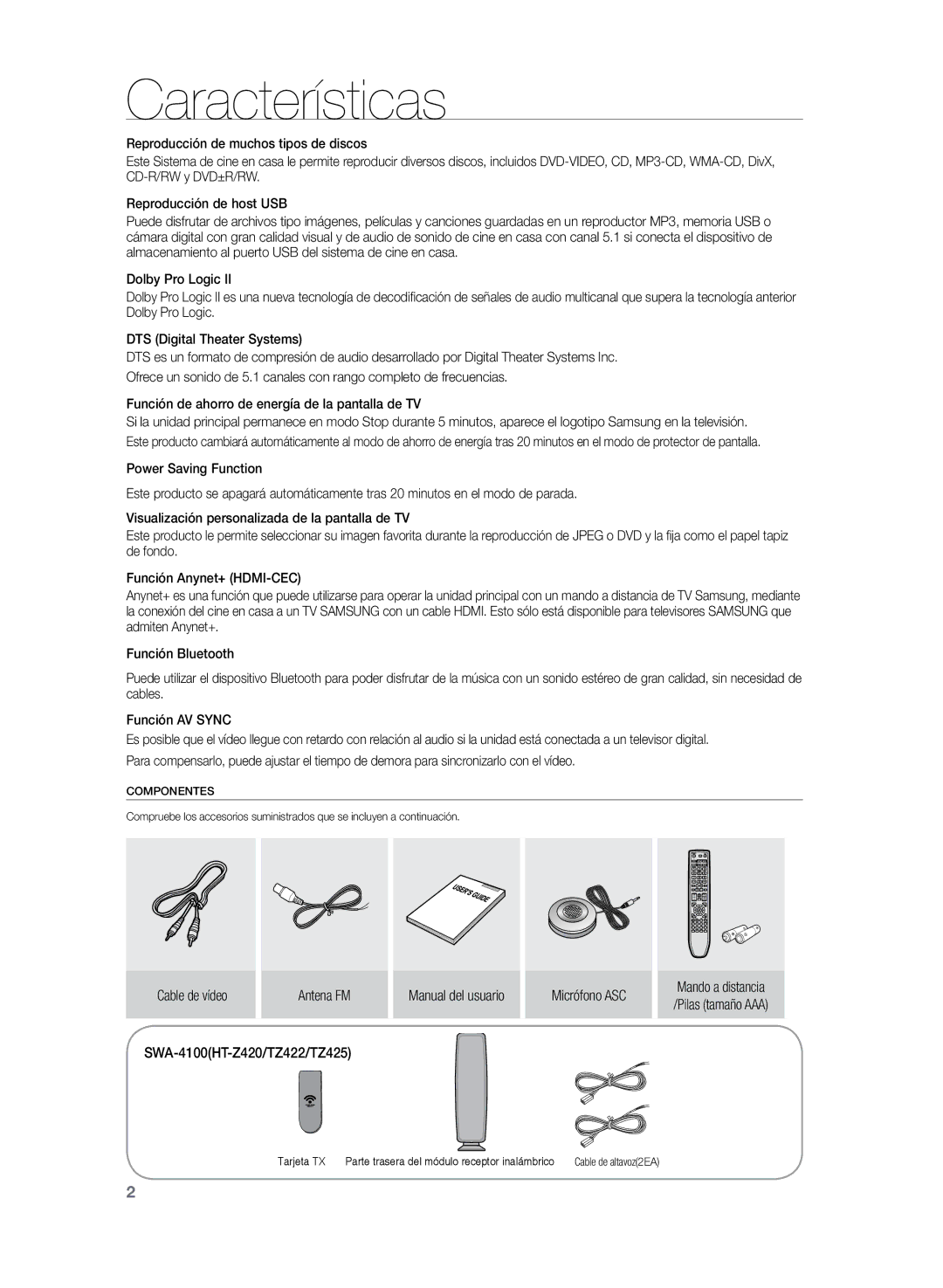 Samsung HT-TZ325R/XET, HT-TZ325R/EDC, HT-Z320R/XET manual Características, Cable de vídeo 