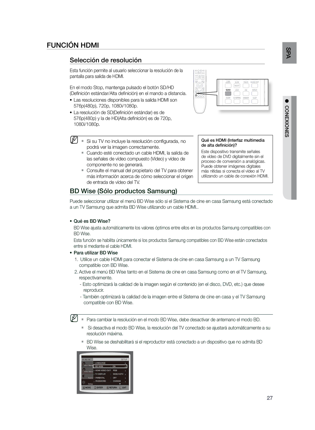 Samsung HT-TZ325R/EDC, HT-Z320R/XET, HT-TZ325R/XET manual Función Hdmi, Selección de resolución 