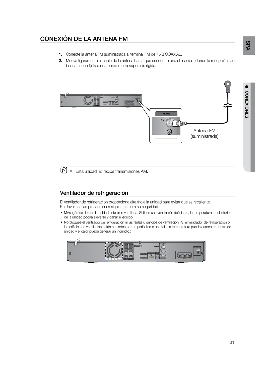 Samsung HT-Z320R/XET, HT-TZ325R/EDC manual Conexión de la antena FM, Ventilador de refrigeración, Antena FM Suministrada 