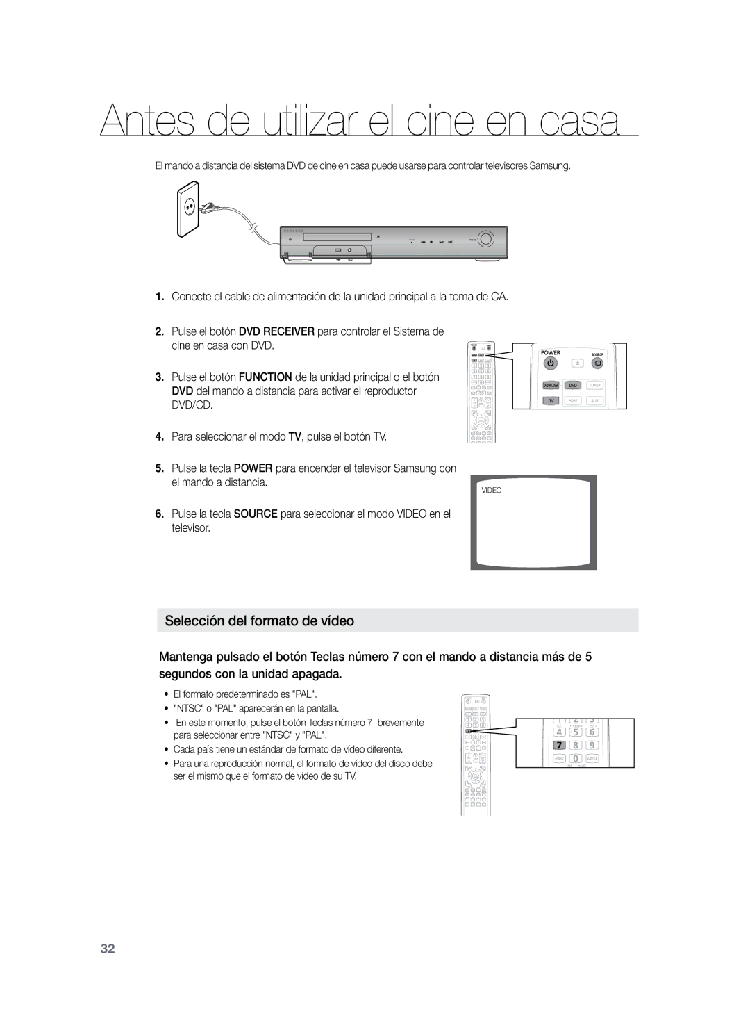 Samsung HT-TZ325R/XET, HT-TZ325R/EDC, HT-Z320R/XET manual Antes de utilizar el cine en casa, Selección del formato de vídeo 