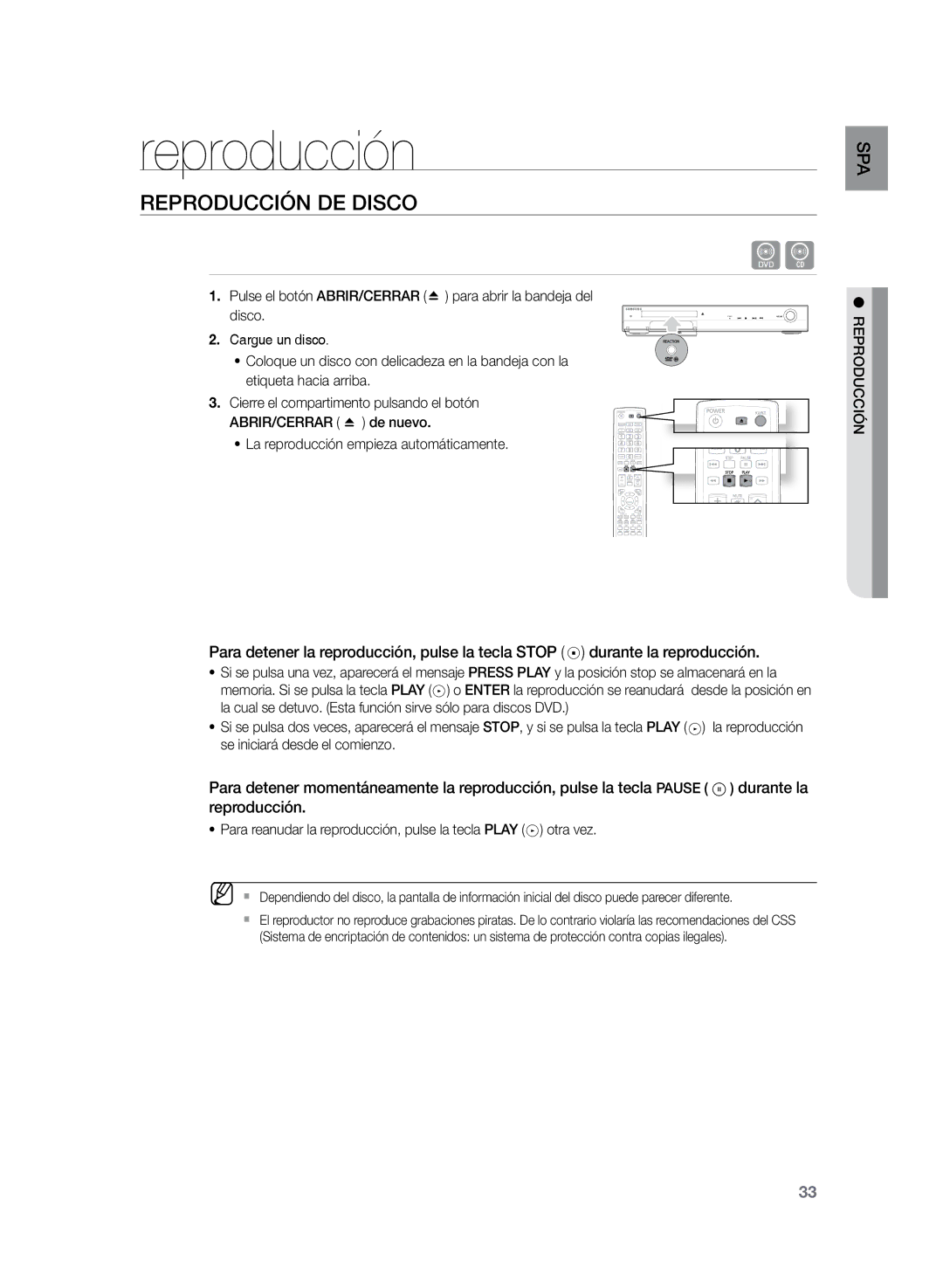 Samsung HT-TZ325R/EDC, HT-Z320R/XET Reproducción de disco, Para reanudar la reproducción, pulse la tecla Play otra vez 