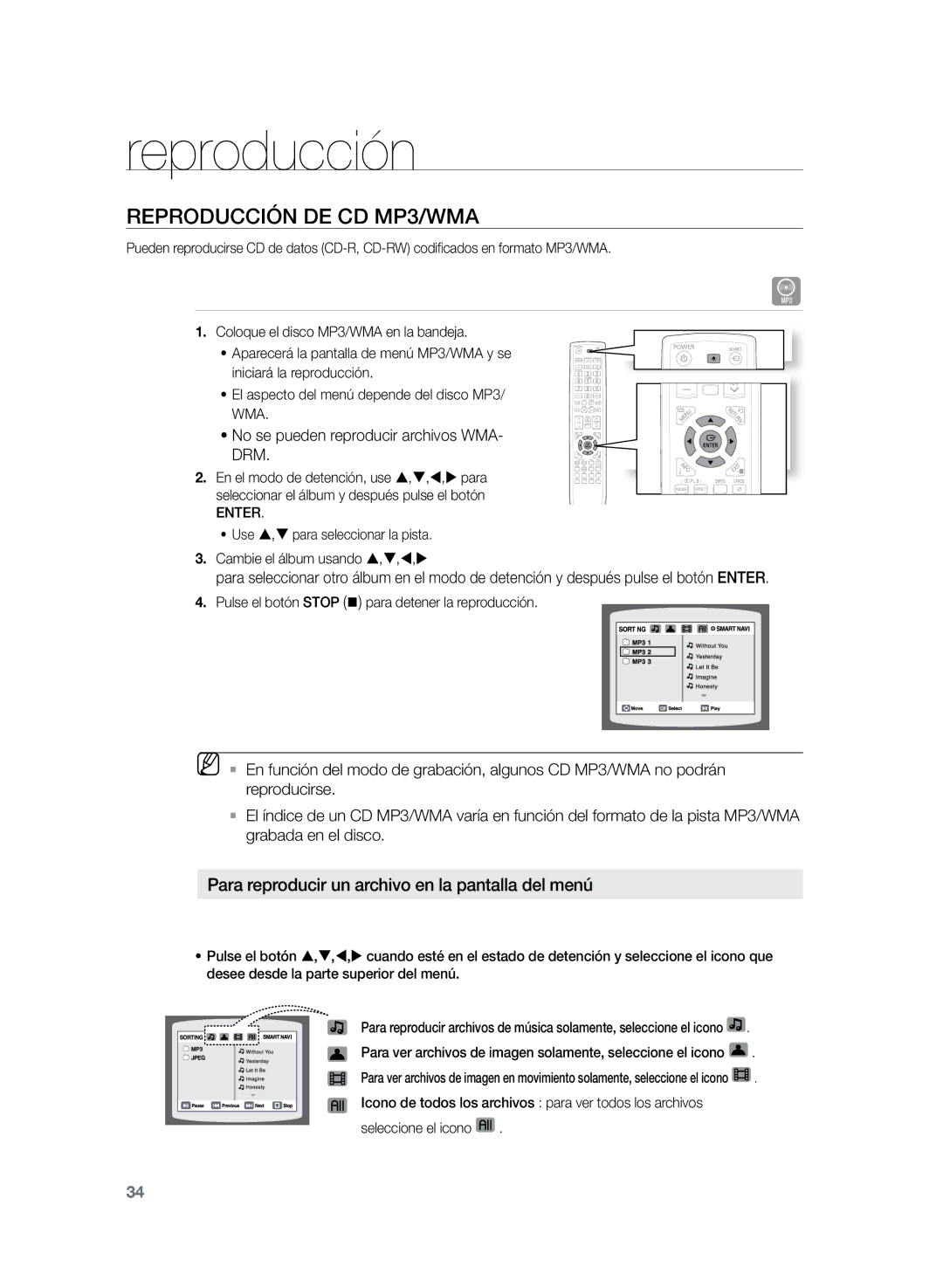 Samsung HT-Z320R/XET, HT-TZ325R/EDC Reproducción de CD MP3/WMA, Para reproducir un archivo en la pantalla del menú, Enter 