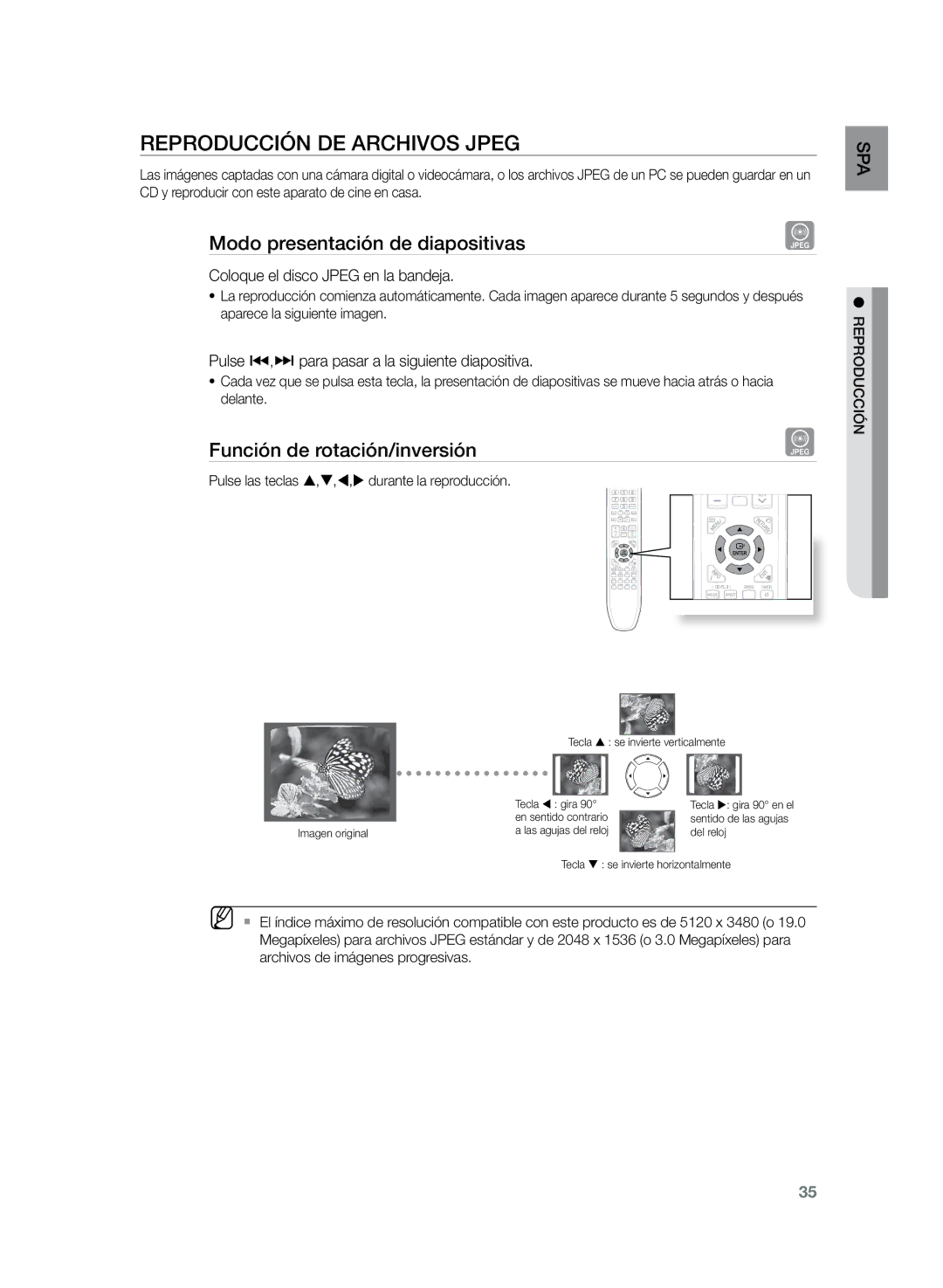 Samsung HT-TZ325R/XET Reproducción de archivos Jpeg, Modo presentación de diapositivas, Función de rotación/inversión 