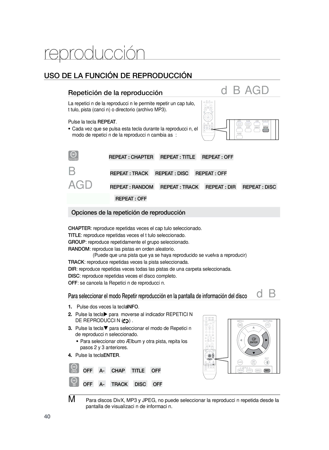 Samsung HT-Z320R/XET manual Repetición de la reproducción, Opciones de la repetición de reproducción, DE Reproducción 