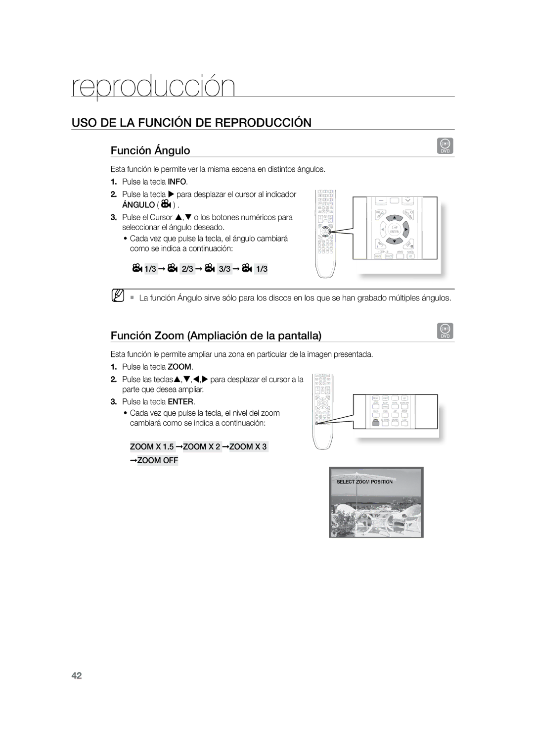 Samsung HT-TZ325R/EDC manual Función Ángulo, Función Zoom Ampliación de la pantalla, Zoom X 1.5 Zoom X 2 Zoom X 3 Zoom OFF 