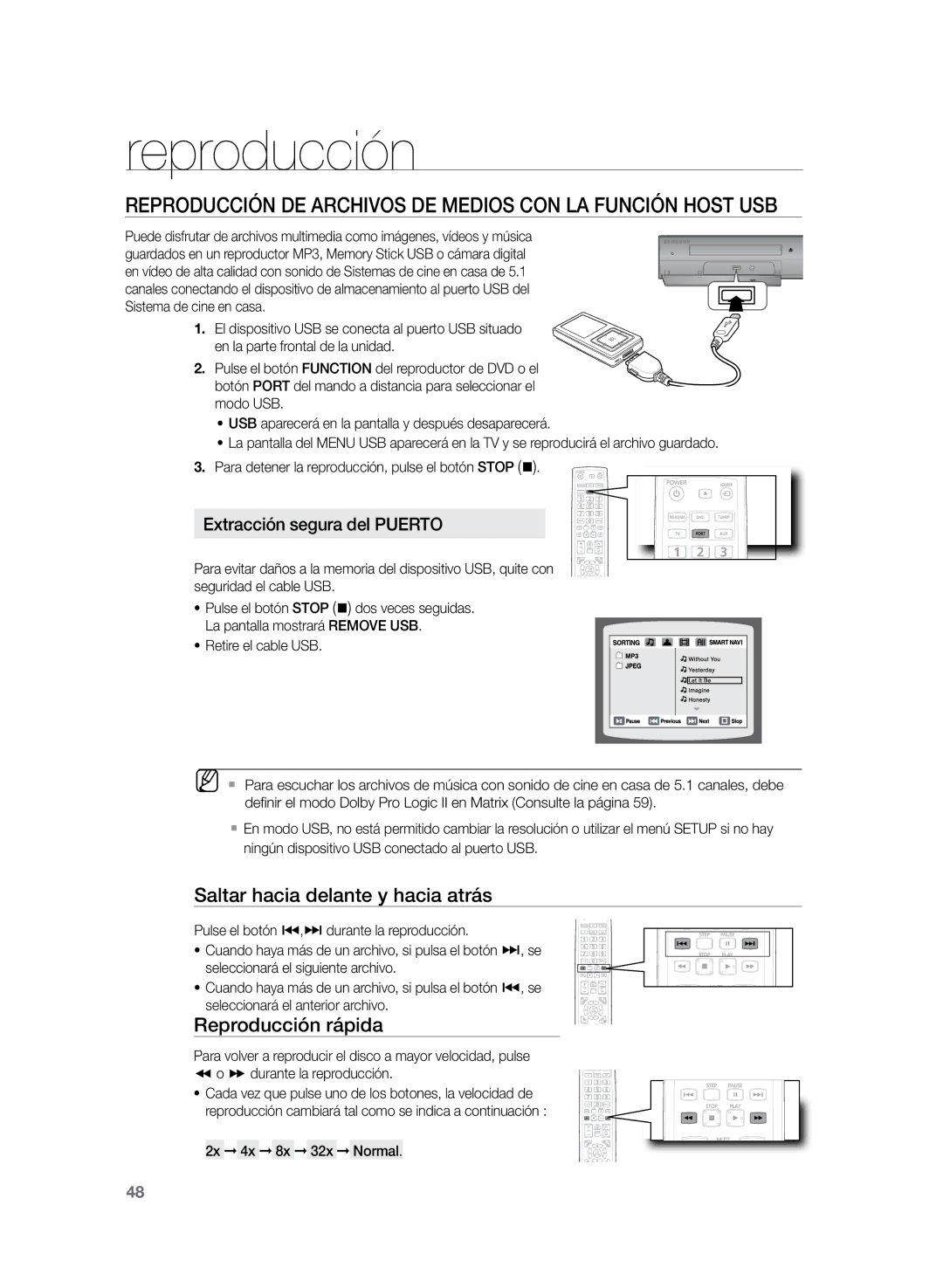 Samsung HT-TZ325R/EDC, HT-Z320R/XET manual Reproducción de archivos de medios con la función Host USB, Reproducción rápida 