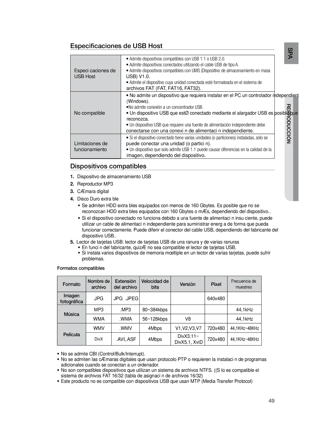 Samsung HT-Z320R/XET, HT-TZ325R/EDC, HT-TZ325R/XET manual Especificaciones de USB Host, Dispositivos compatibles 