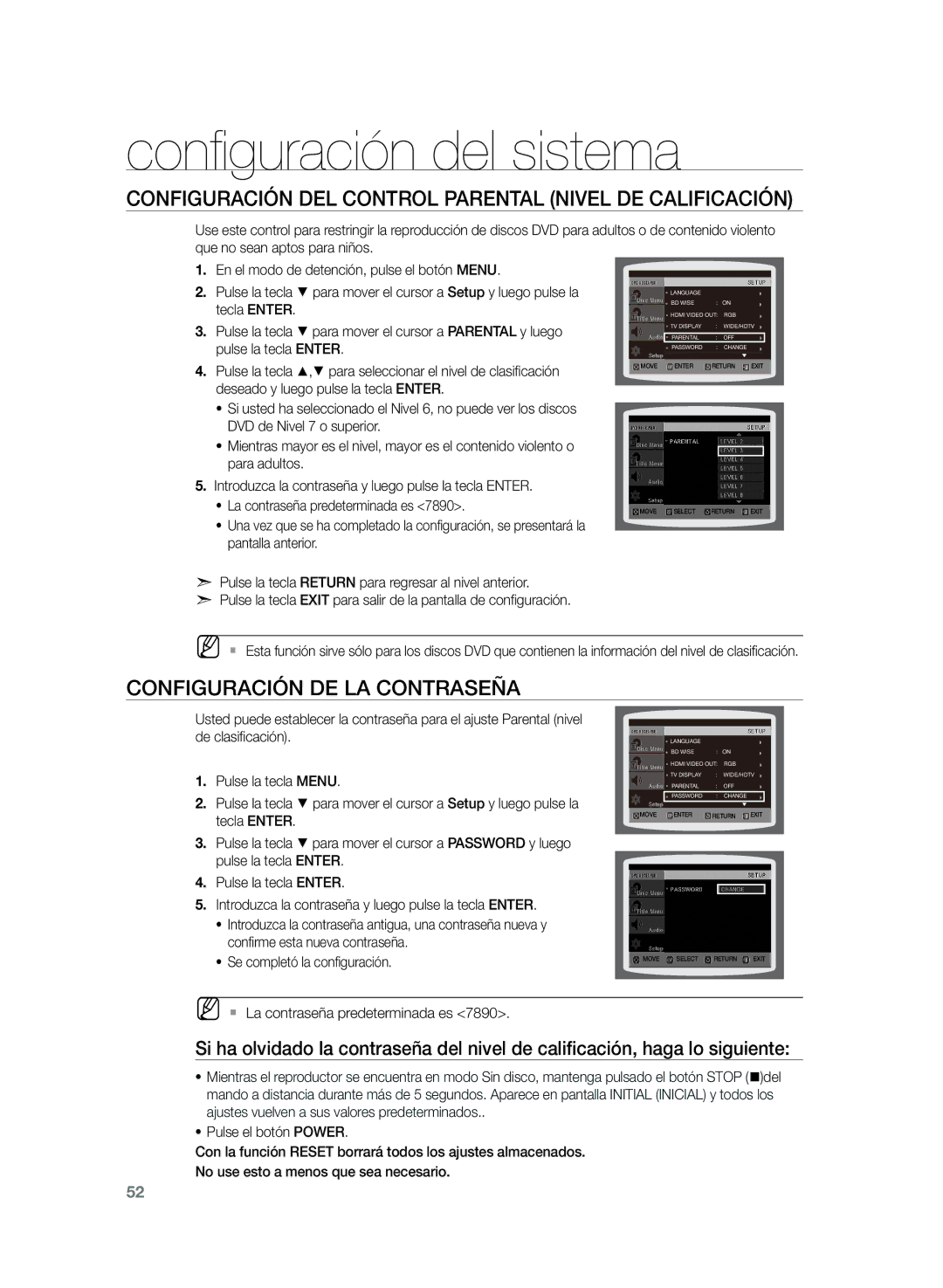 Samsung HT-Z320R/XET manual Configuración del control parental Nivel DE Calificación, Configuración de la contraseña 