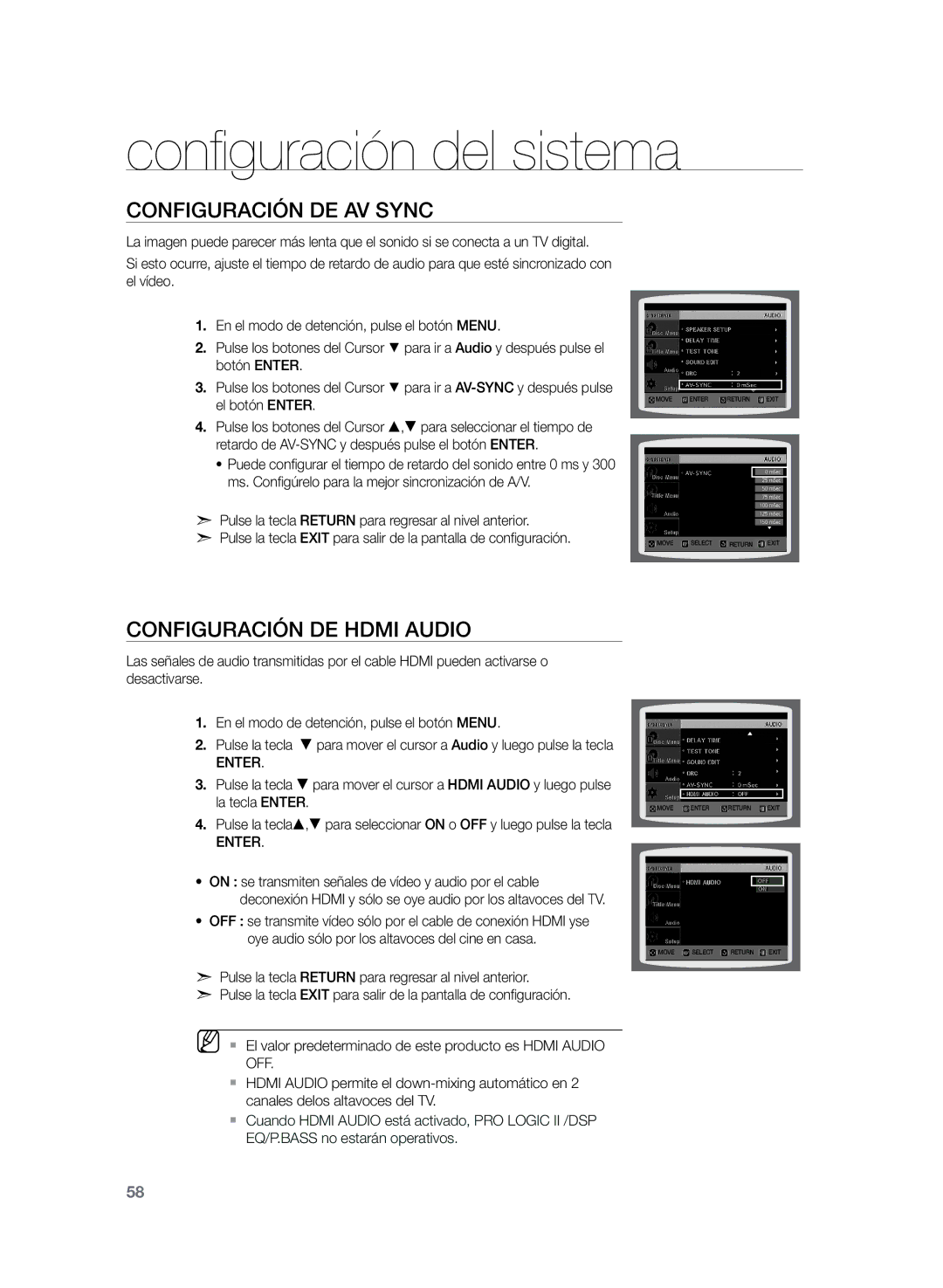 Samsung HT-Z320R/XET, HT-TZ325R/EDC, HT-TZ325R/XET manual Configuración de AV Sync, Configuración de Hdmi Audio 