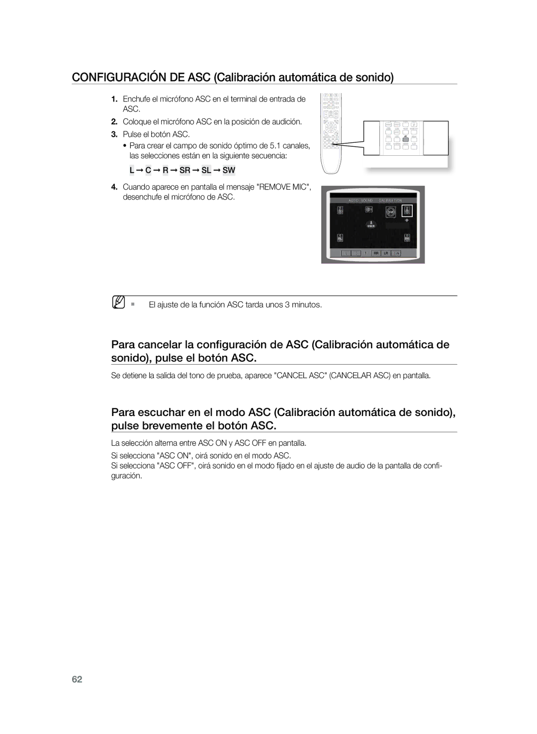 Samsung HT-TZ325R/XET, HT-TZ325R/EDC, HT-Z320R/XET manual Configuración DE ASC Calibración automática de sonido 