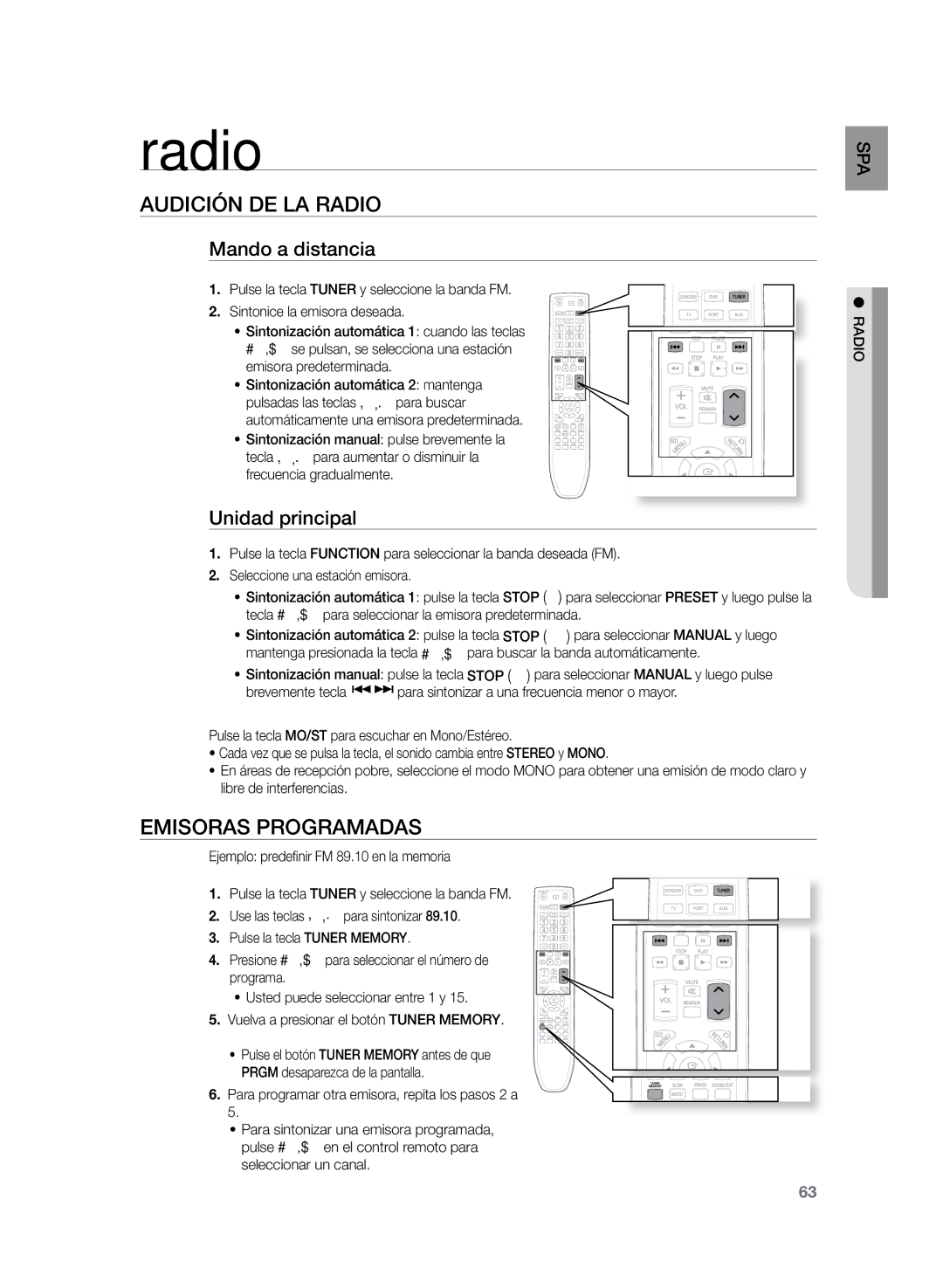 Samsung HT-TZ325R/EDC, HT-Z320R/XET Radio, Audición DE la radio, Emisoras programadas, Mando a distancia, Unidad principal 