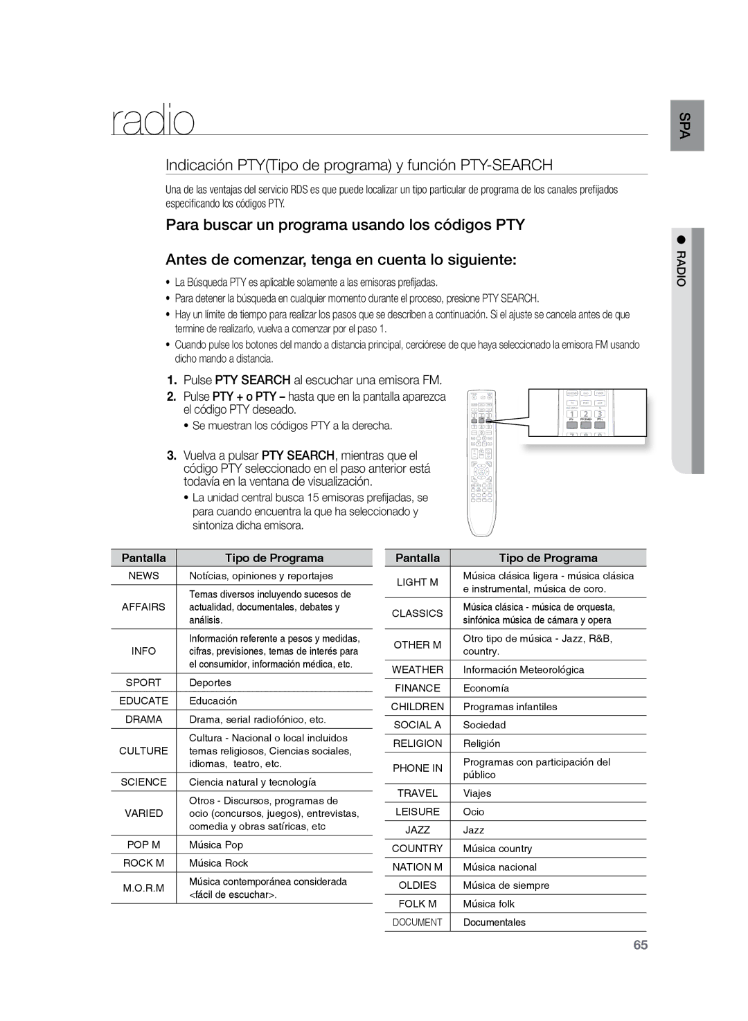 Samsung HT-TZ325R/XET, HT-TZ325R/EDC manual Indicación PTYTipo de programa y función PTY-SEARCH, Pantalla Tipo de Programa 