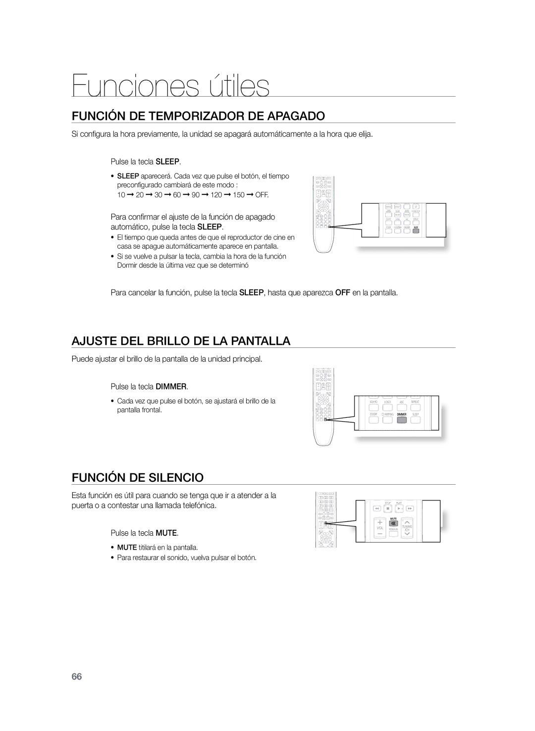 Samsung HT-TZ325R/EDC manual Funciones útiles, Ajuste del brillo de la pantalla, Función DE Silencio, Pulse la tecla Mute 