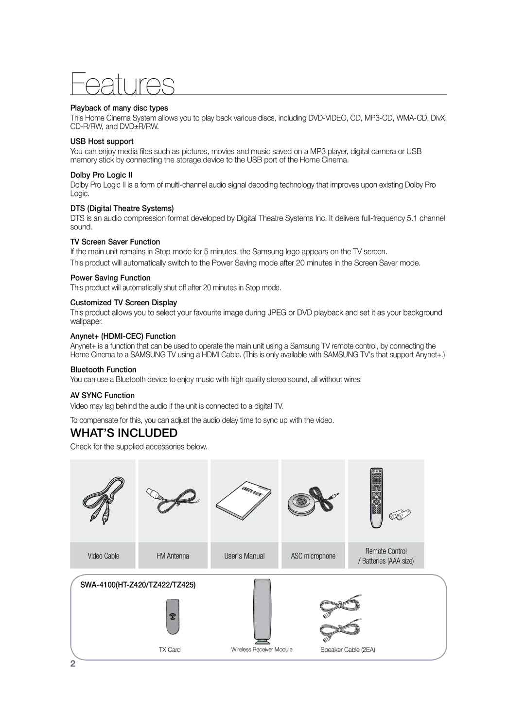 Samsung HT-TZ325R/EDC manual Features, What’s included, Check for the supplied accessories below Video Cable 