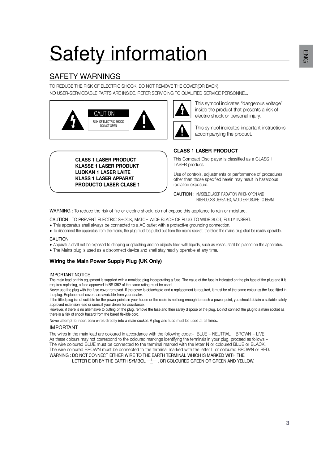 Samsung HT-TZ325R/EDC manual Safety information, Safety Warnings 