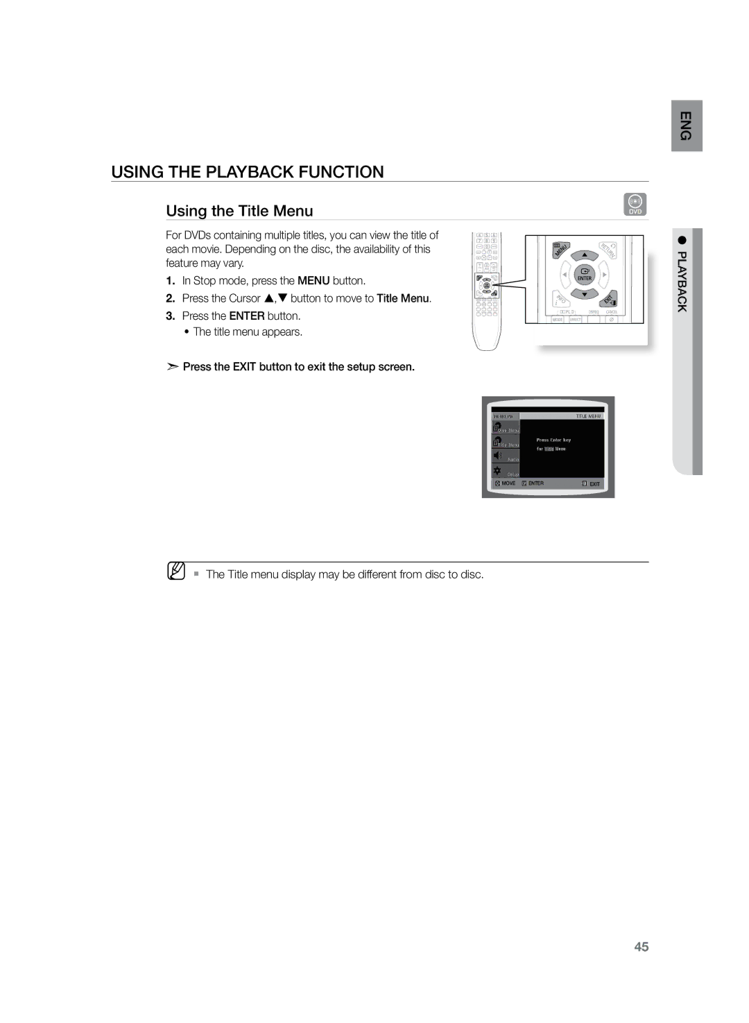 Samsung HT-TZ325R/EDC manual Using the Title Menu 